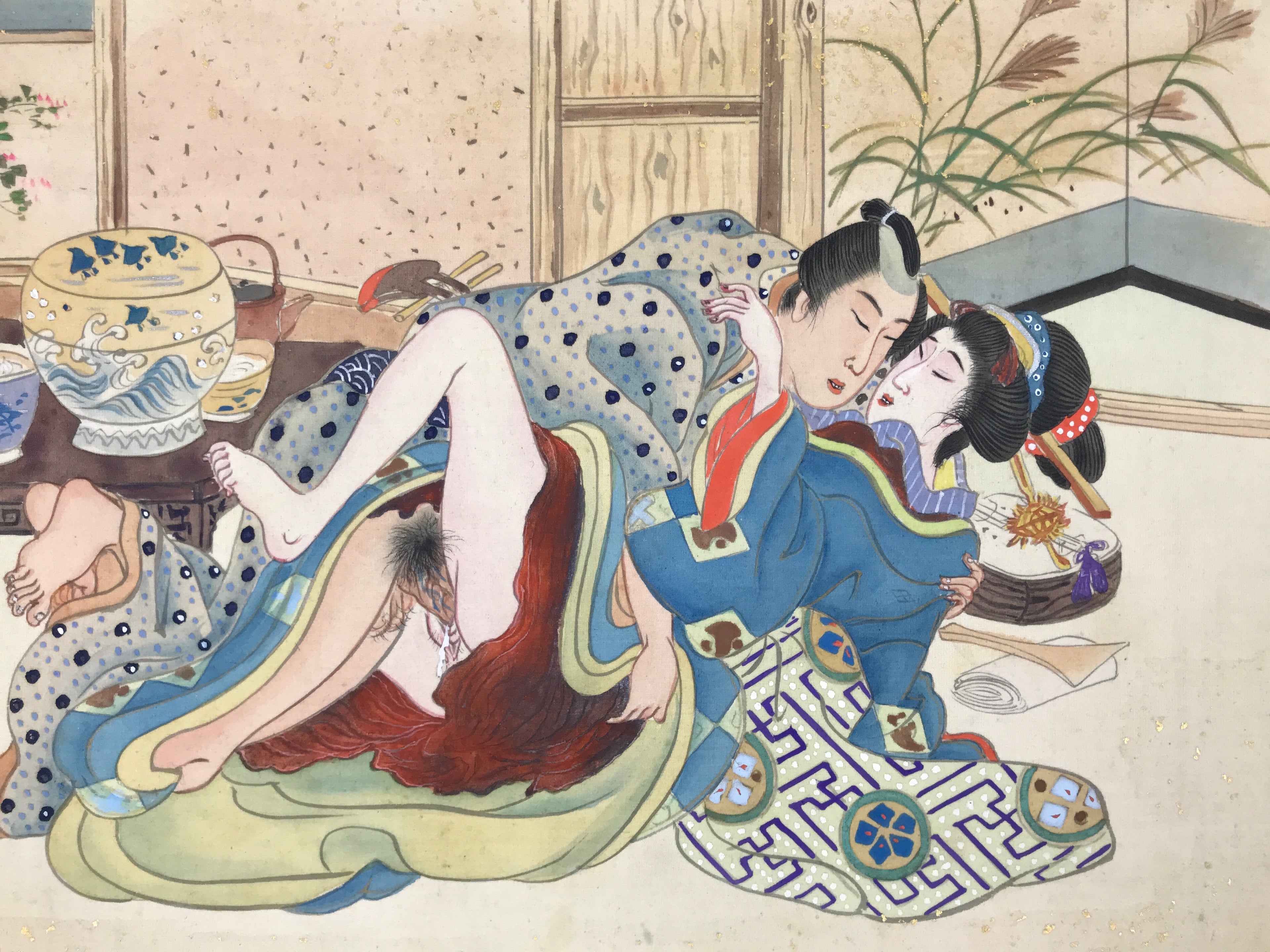 Japanese Shunga Art Vtg Handpainted Silk Kimono Tea Ceremony FL504
