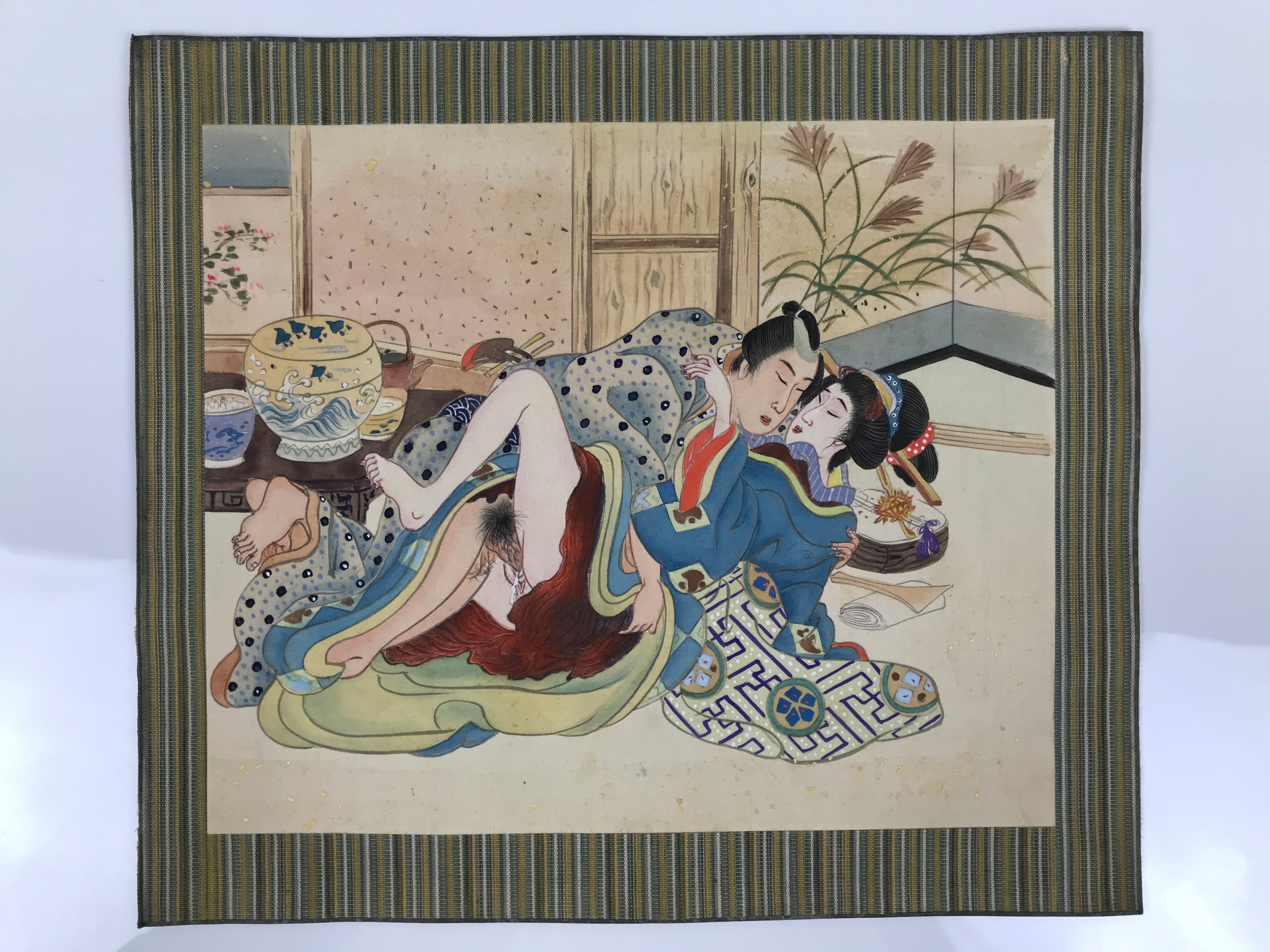 Japanese Shunga Art Vtg Handpainted Silk Kimono Tea Ceremony FL504