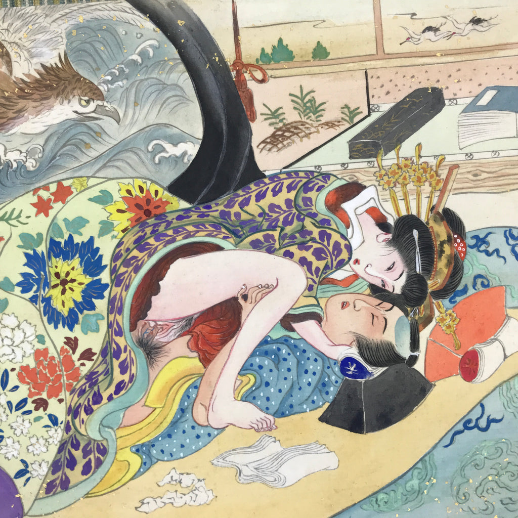 Japanese Shunga Art Vtg Handpainted Silk Kimono Waves Bird Blue FL509