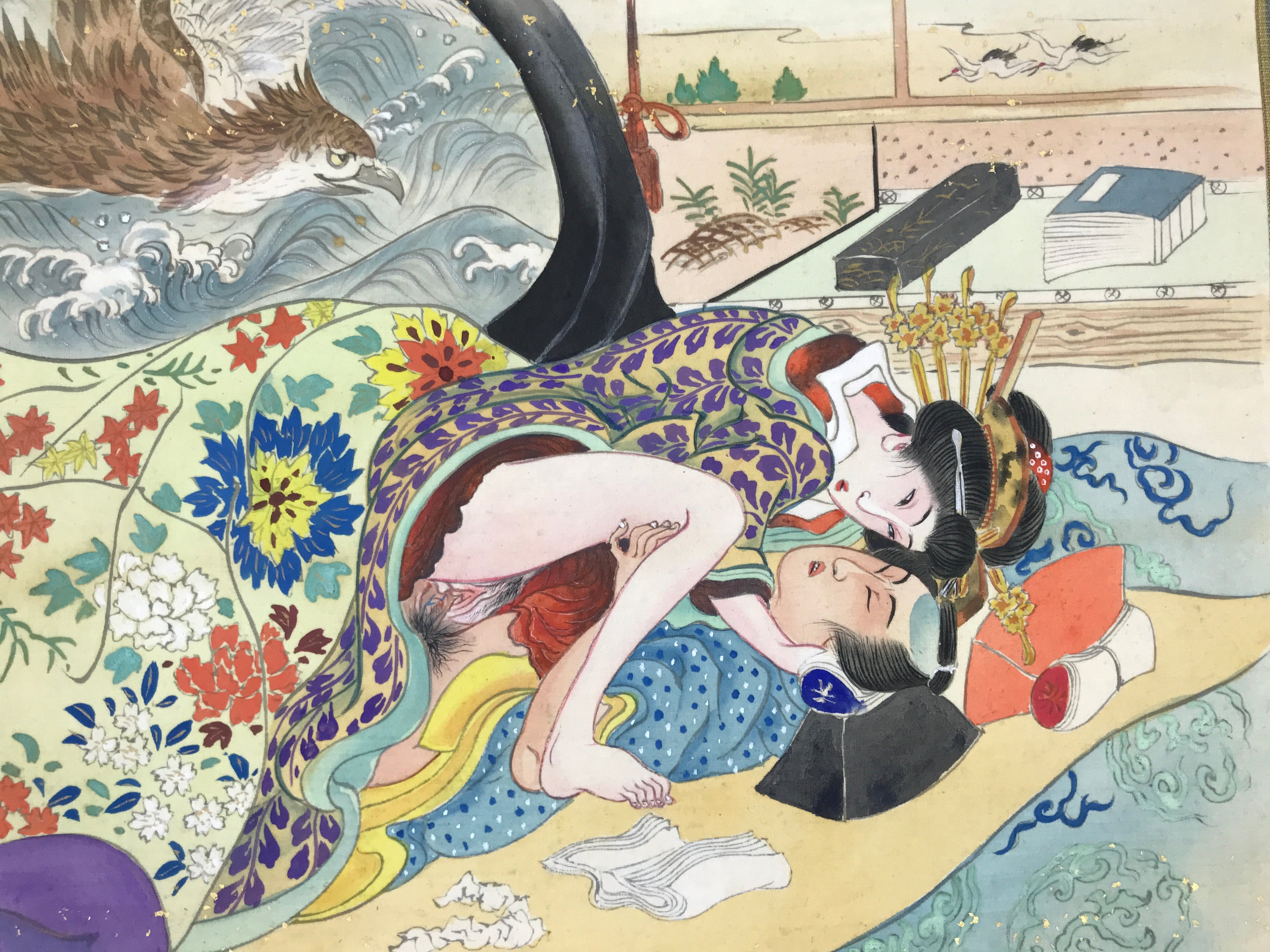 Japanese Shunga Art Vtg Handpainted Silk Kimono Waves Bird Blue FL509