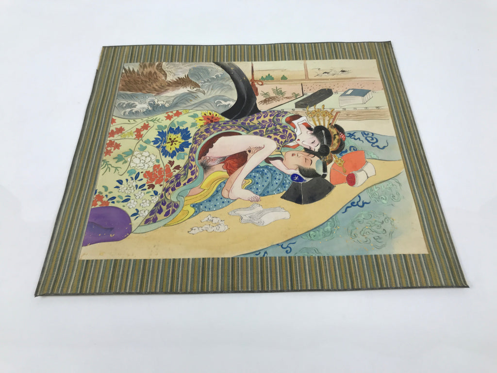 Japanese Shunga Art Vtg Handpainted Silk Kimono Waves Bird Blue FL509