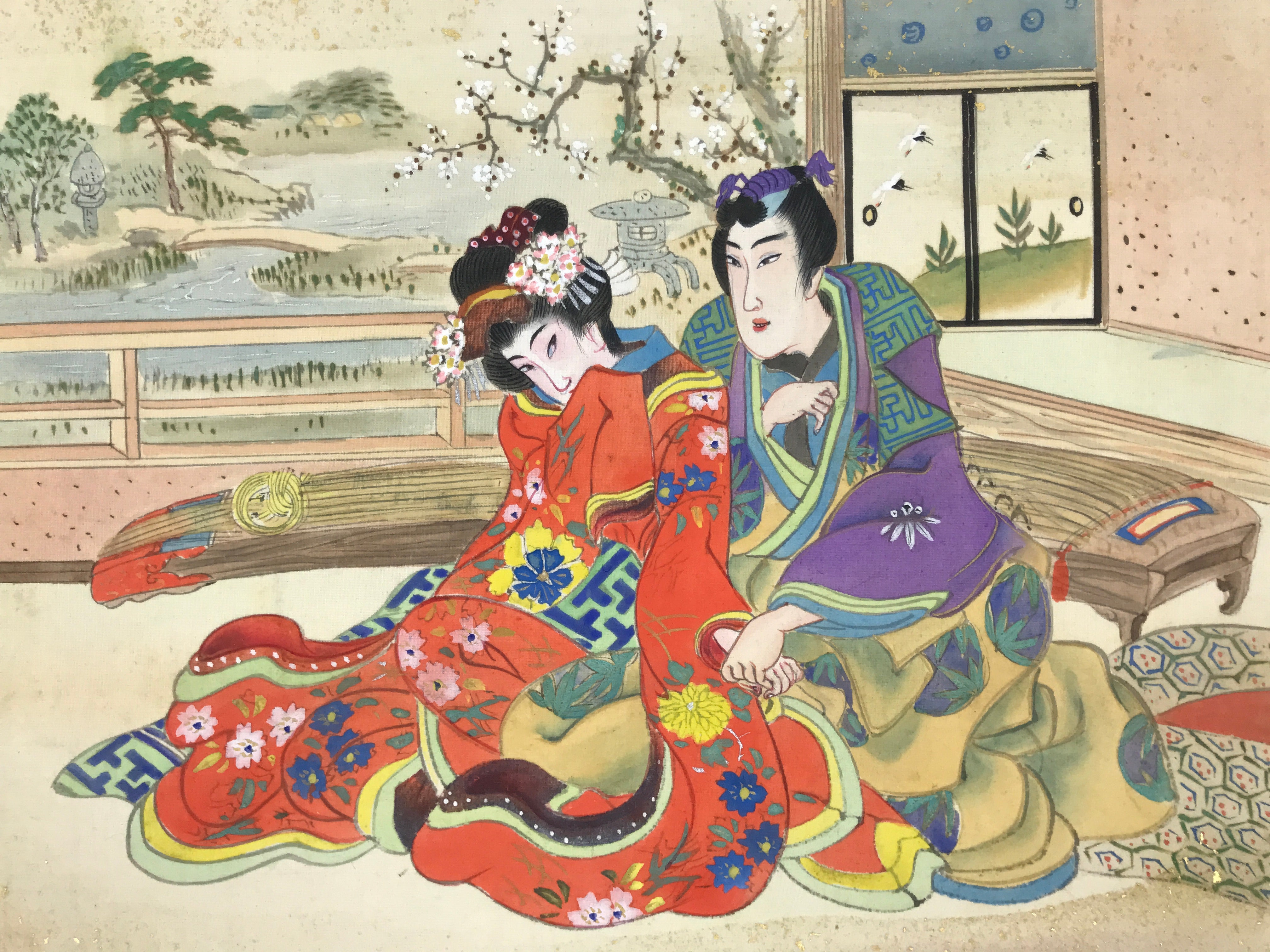 Japanese Shunga Art Vtg Handpainted Silk Koto String Instrument