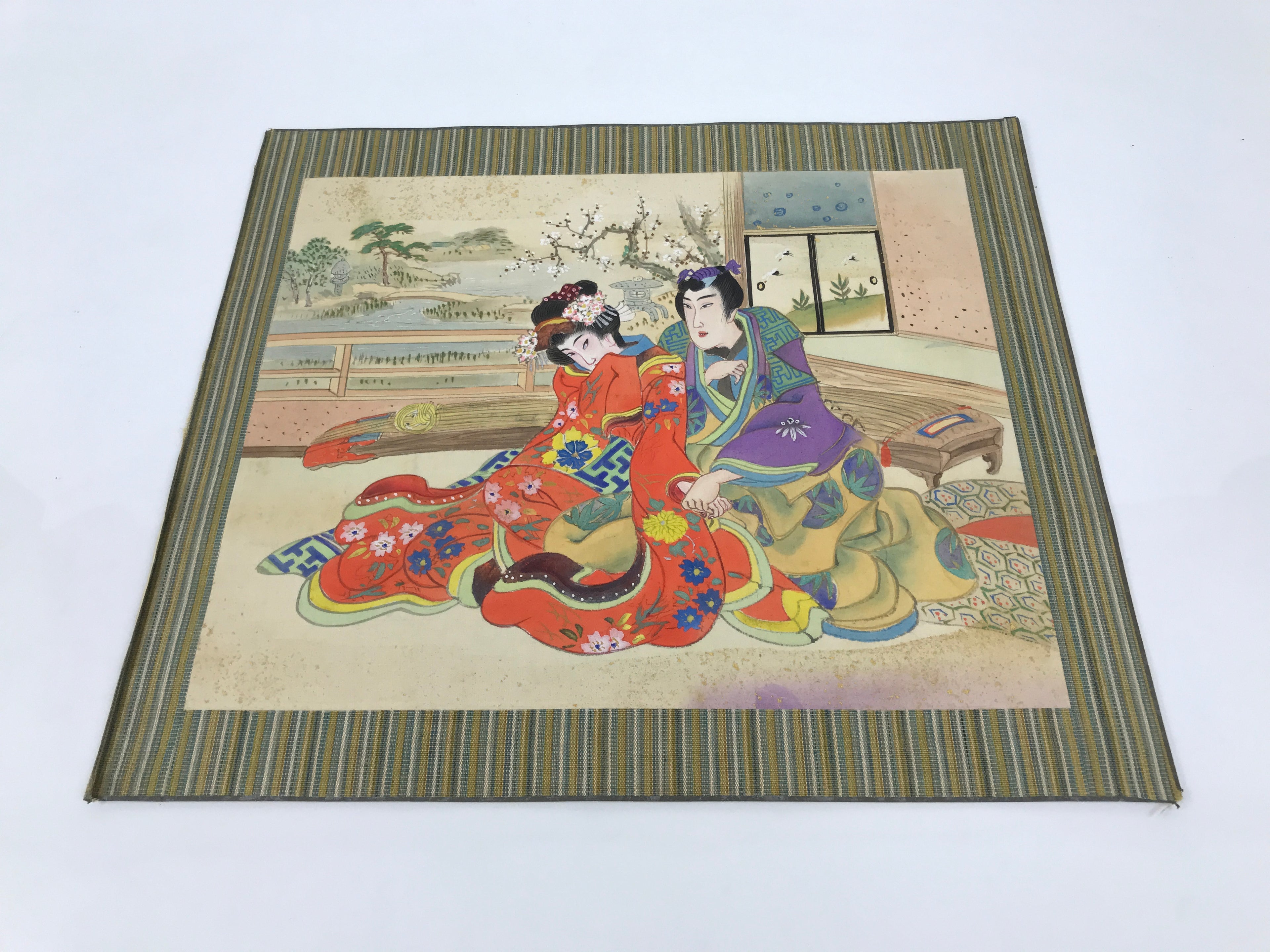 Japanese Shunga Art Vtg Handpainted Silk Koto String Instrument FL499