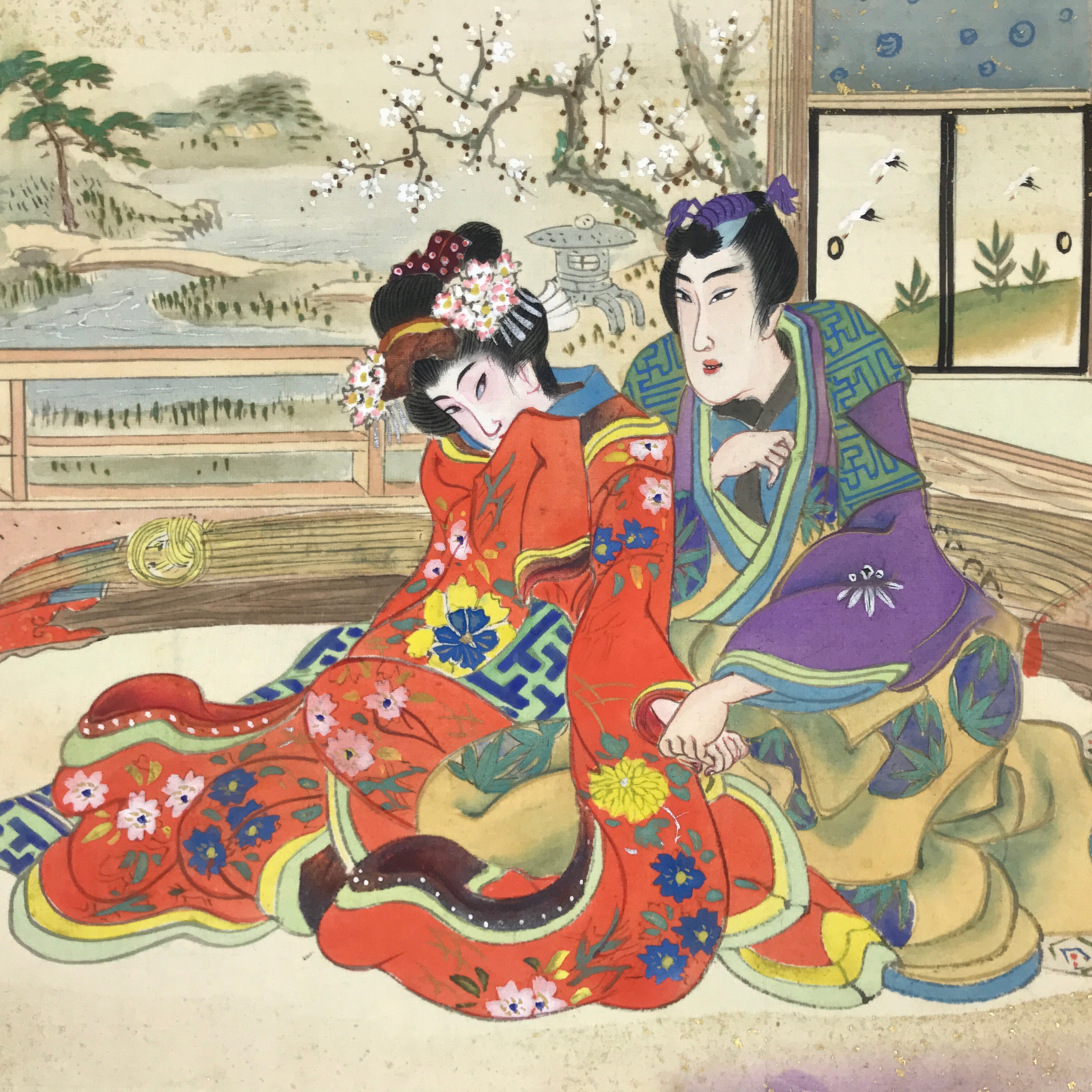 Japanese Shunga Art Vtg Handpainted Silk Koto String Instrument FL499