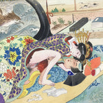 Japanese Shunga Erotic Art Vtg Handpainted Silk Kimono Waves Bird Blue FL509