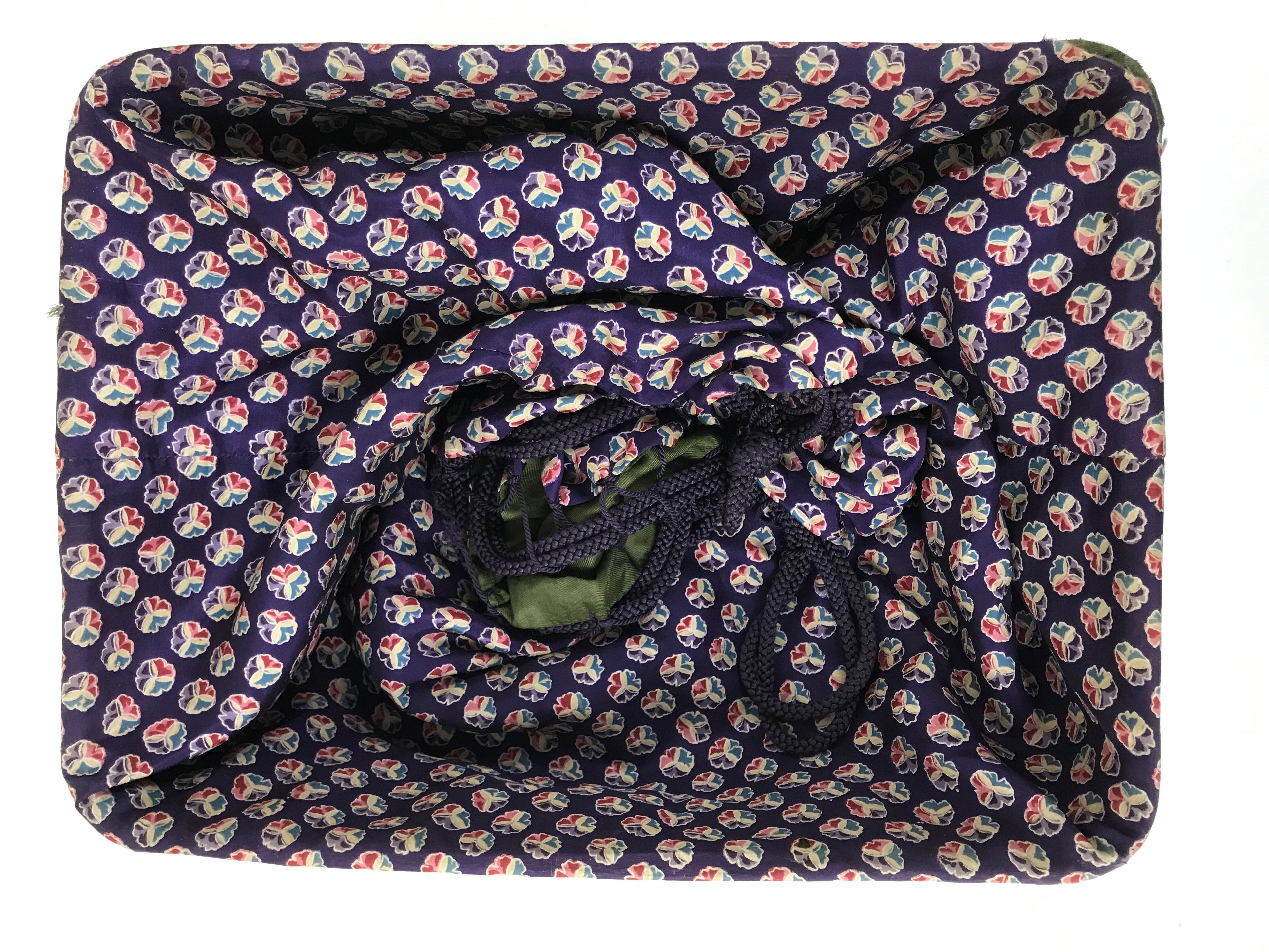Japanese Silk Bamboo Drawstring Kimono Bag Vtg Kinchaku-Bukuro Kago Purple KB92