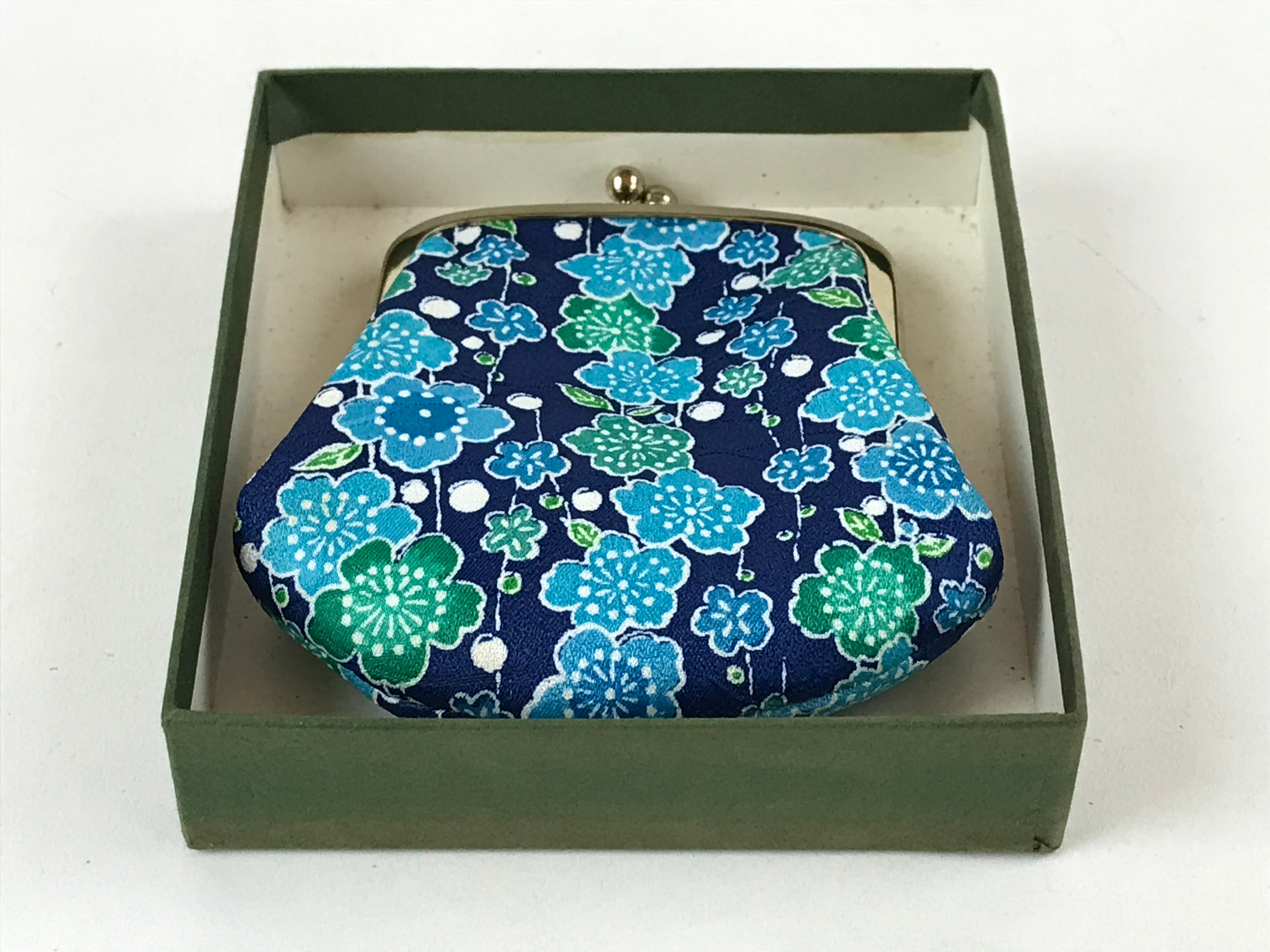 Japanese Silk Coin Purse Vtg Change Pouch Gamaguchi Clasp Blue Flowers KB72