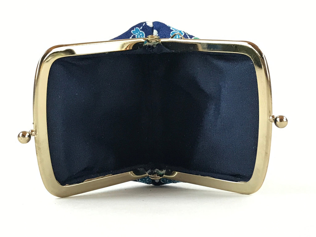 Japanese Silk Coin Purse Vtg Change Pouch Gamaguchi Clasp Blue Flowers KB72