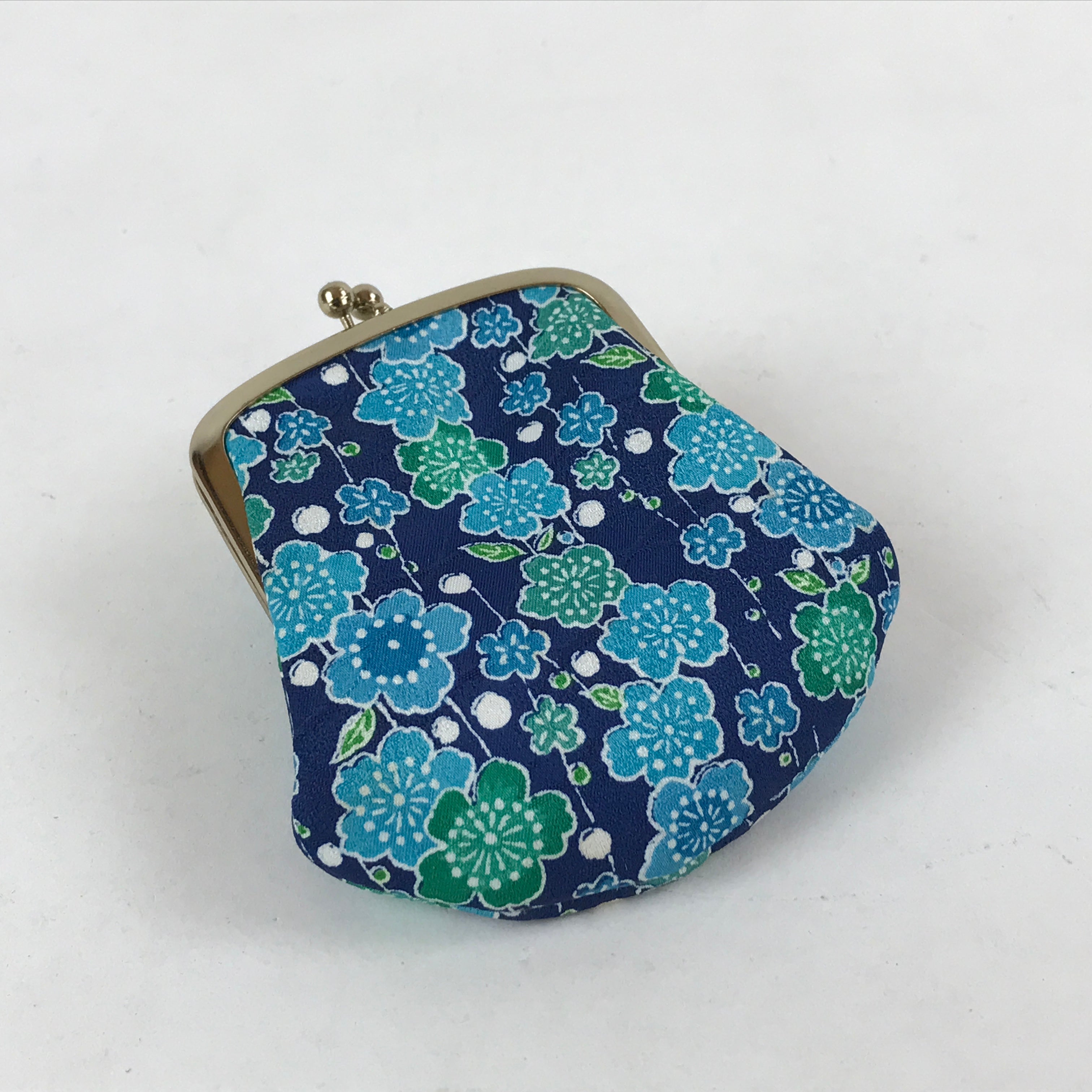 Japanese Silk Coin Purse Vtg Change Pouch Gamaguchi Clasp Blue Flowers KB72