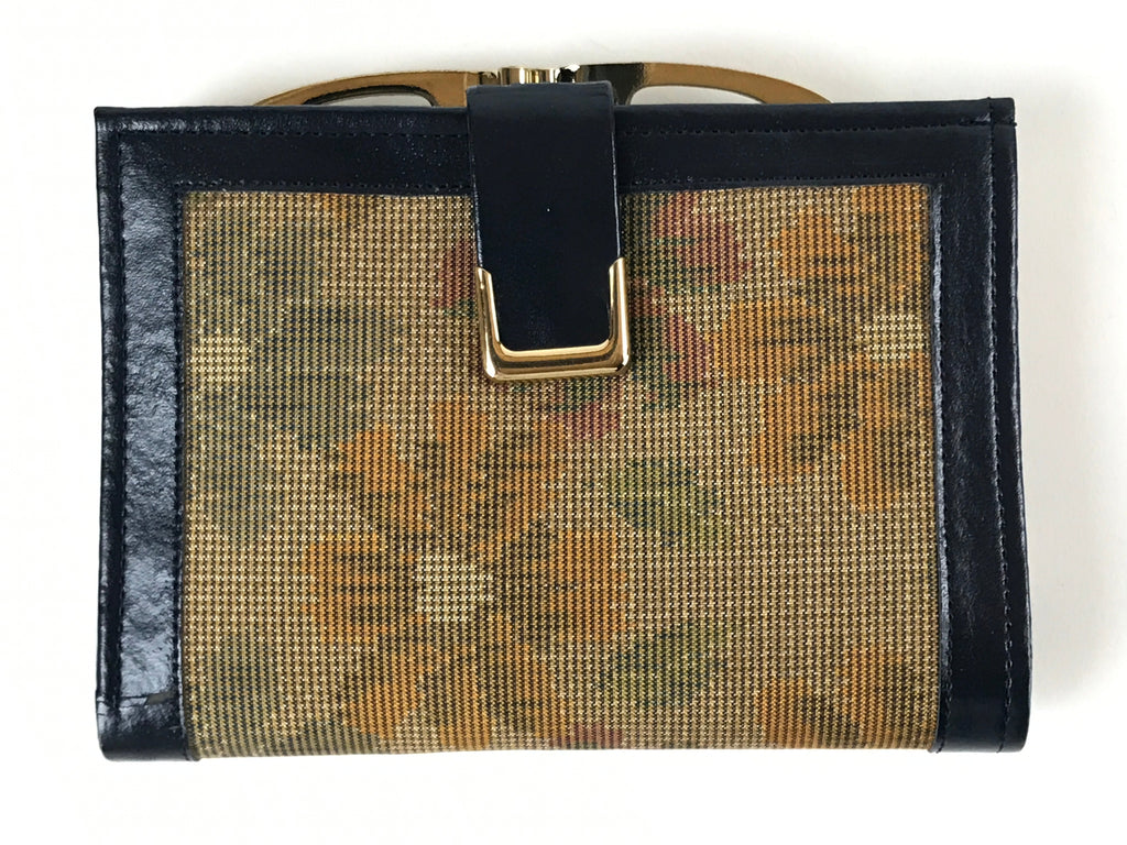 Japanese Silk Fabric Wallet Vtg Gamaguchi Clasp Pleather Floral Blue Brown KB86