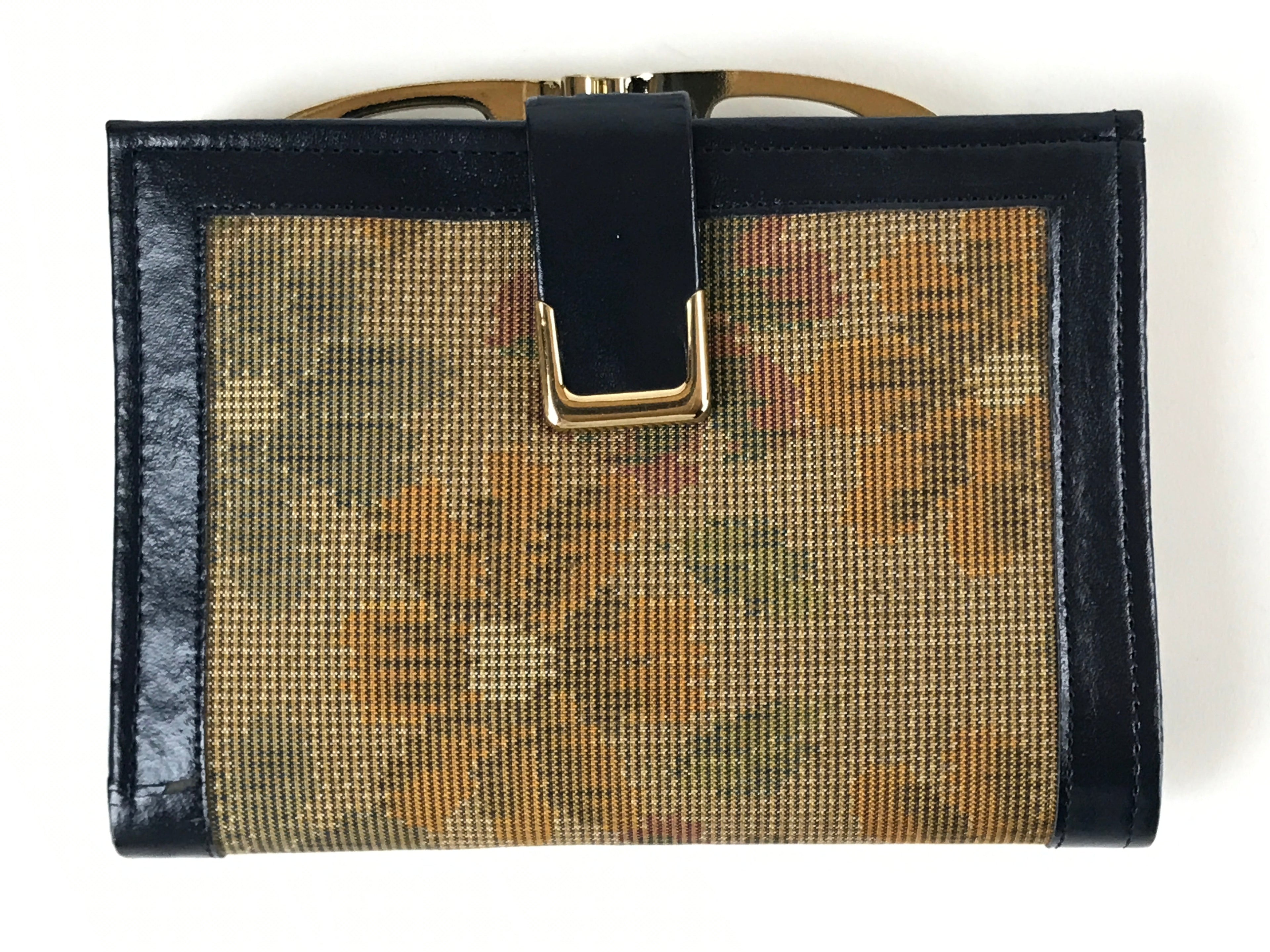 Japanese Silk Fabric Wallet Vtg Gamaguchi Clasp Pleather Floral Blue Brown KB86