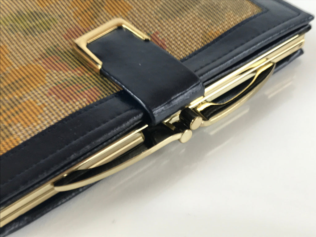 Japanese Silk Fabric Wallet Vtg Gamaguchi Clasp Pleather Floral Blue Brown KB86