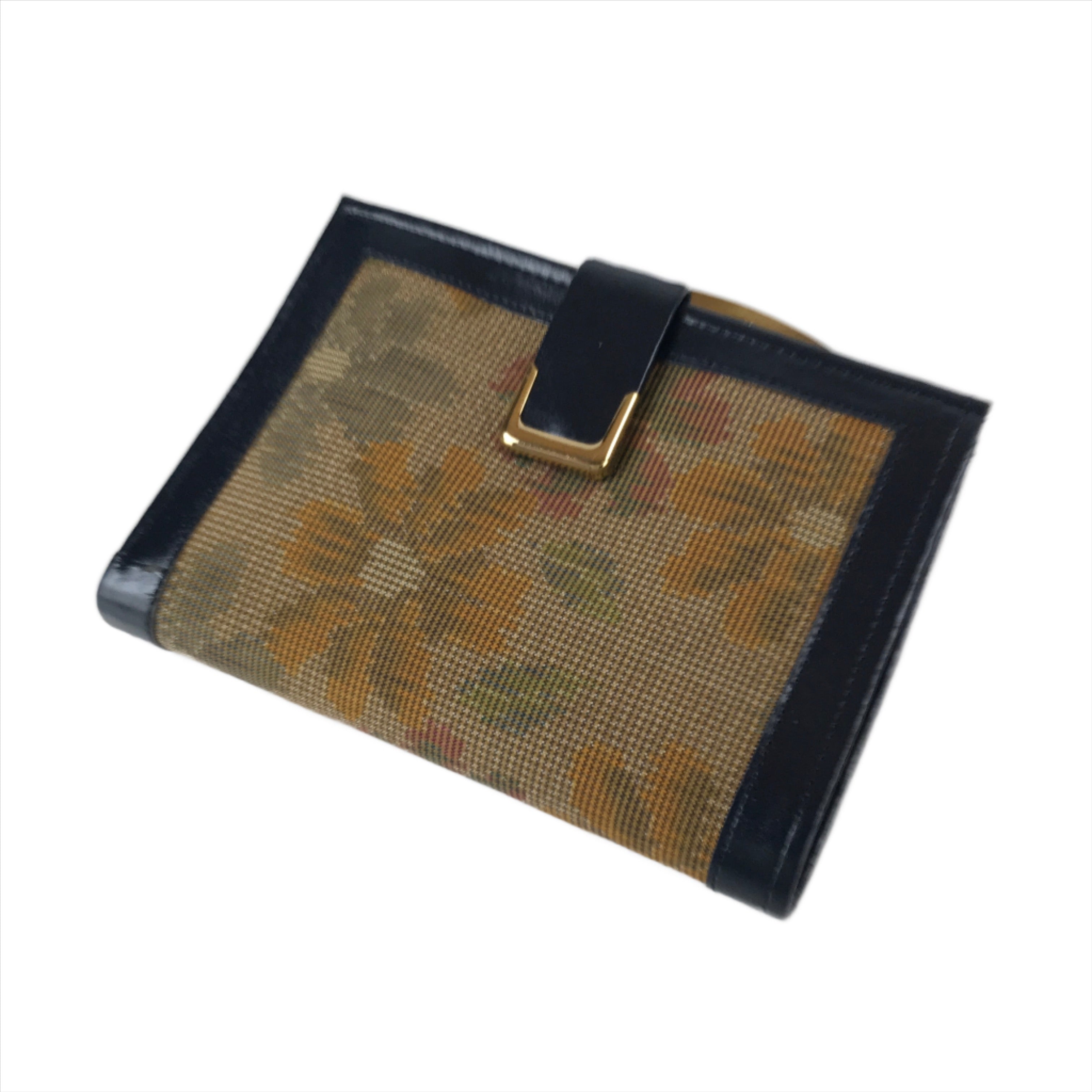 Japanese Silk Fabric Wallet Vtg Gamaguchi Clasp Pleather Floral Blue Brown KB86