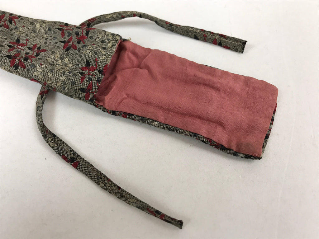 Japanese Silk Folding Fan Case Vtg Maisen Sensubukuro Red Gray Leaves KB76
