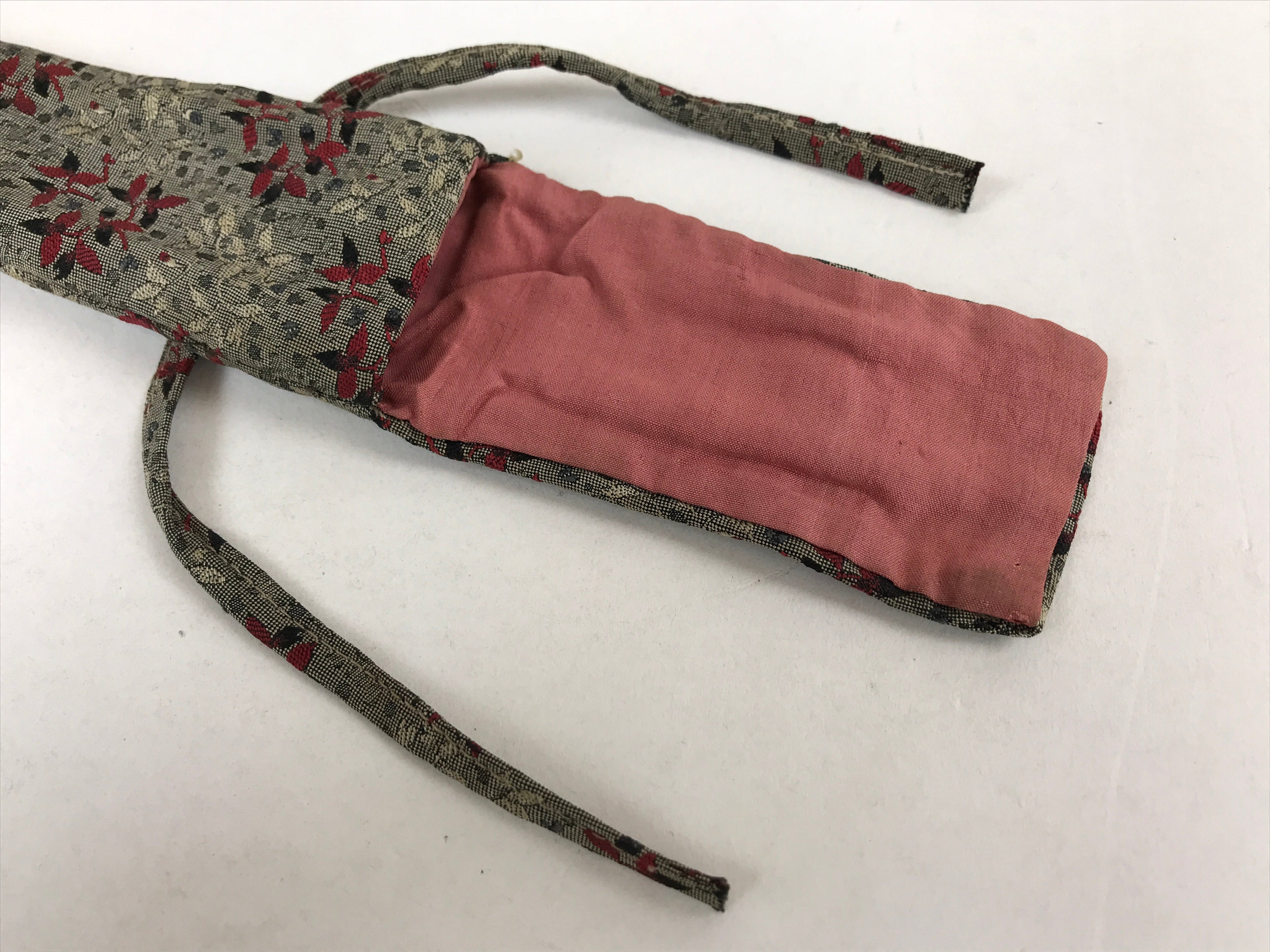 Japanese Silk Folding Fan Case Vtg Maisen Sensubukuro Red Gray Leaves KB76