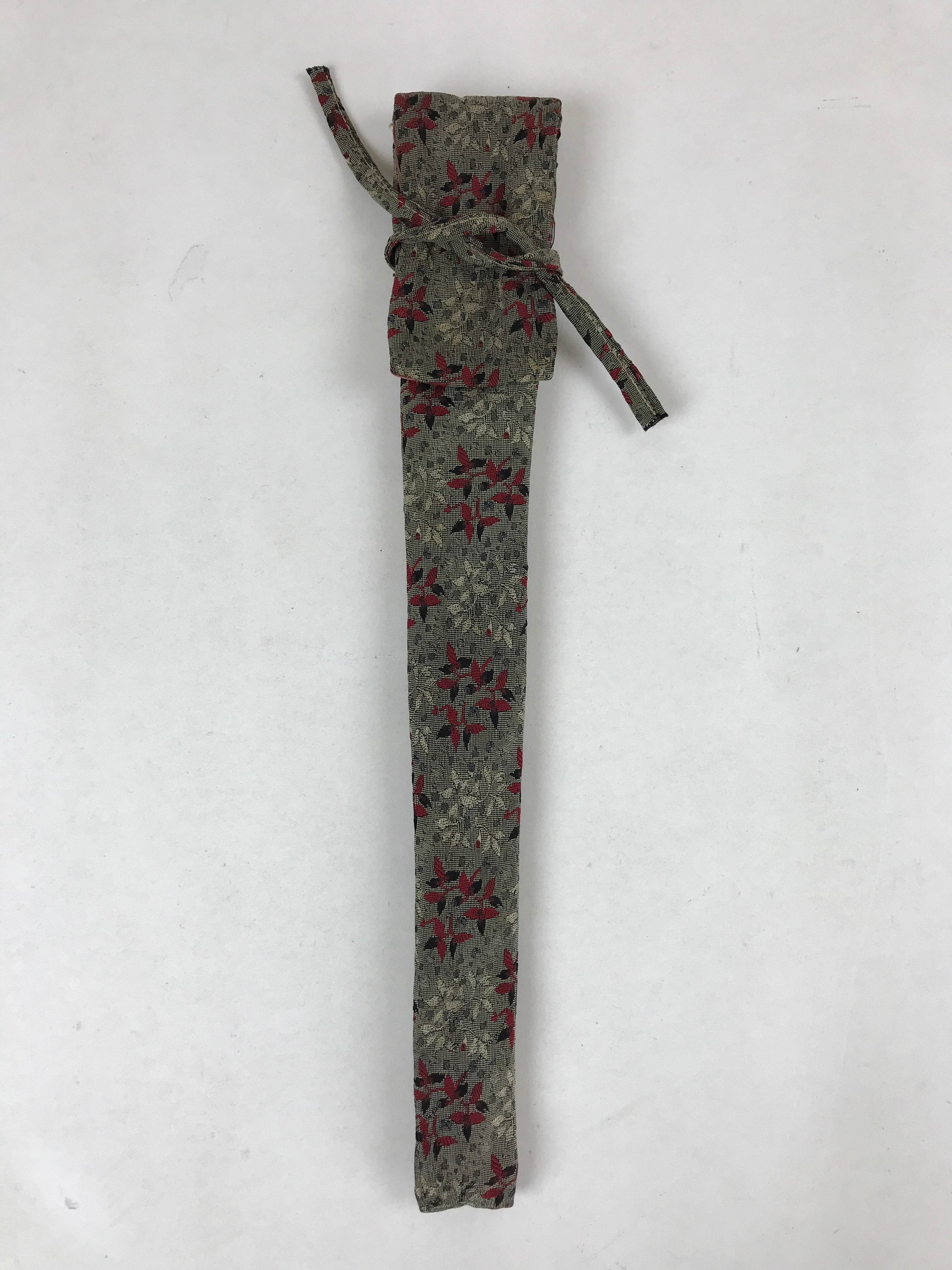 Japanese Silk Folding Fan Case Vtg Maisen Sensubukuro Red Gray Leaves KB76