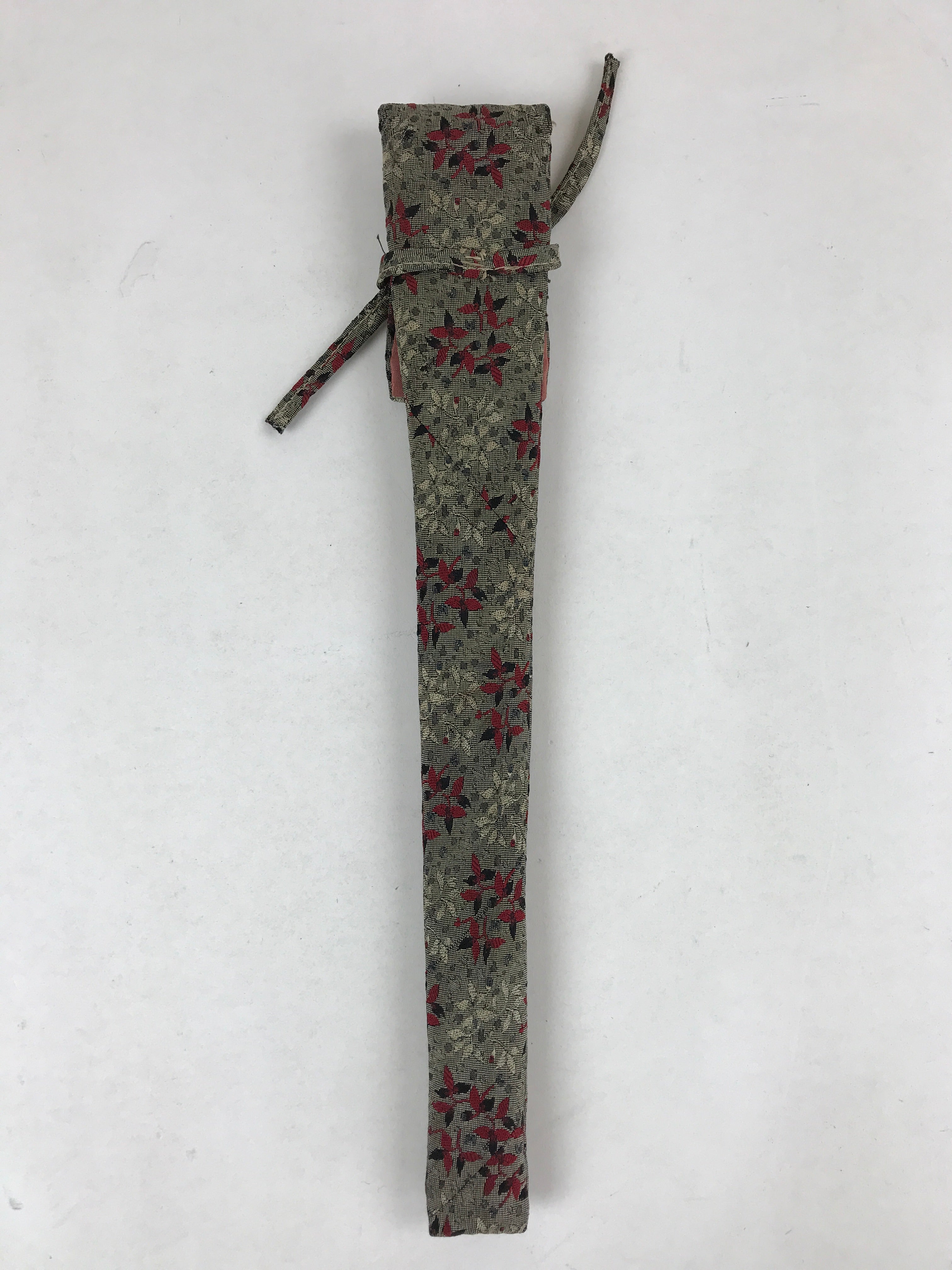 Japanese Silk Folding Fan Case Vtg Maisen Sensubukuro Red Gray Leaves KB76