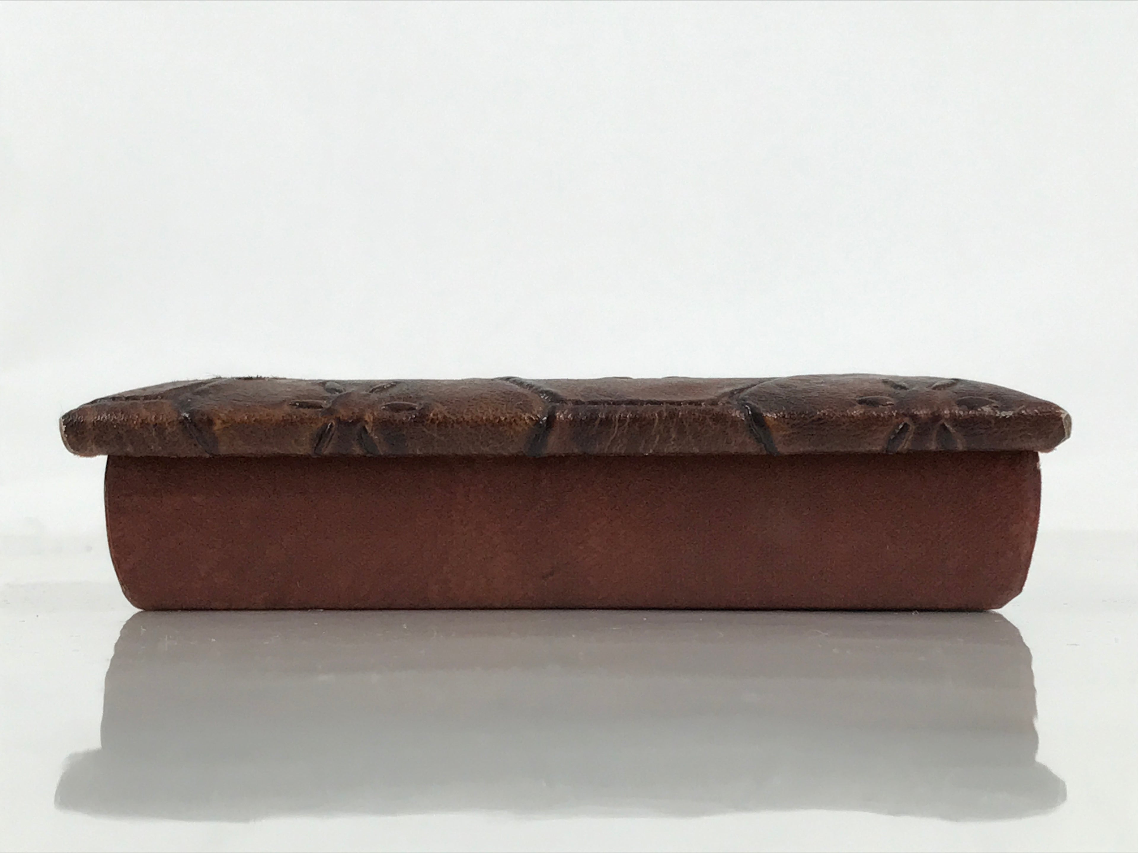 Japanese Small Lidded Embossed Leather Fabric Storage Box Shallow Brown JK895
