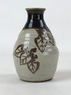 Japanese Small Sake Bottle Ceramic Tokkuri Vtg Gray Brown Leaves Design TS592