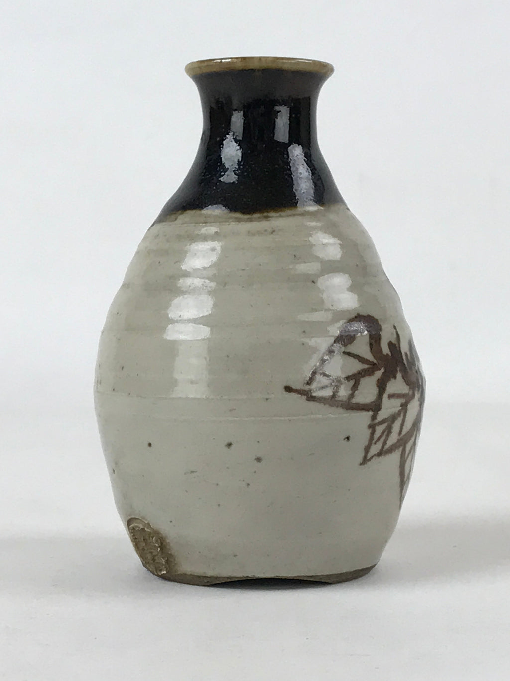 Japanese Small Sake Bottle Ceramic Tokkuri Vtg Gray Brown Leaves Design TS592