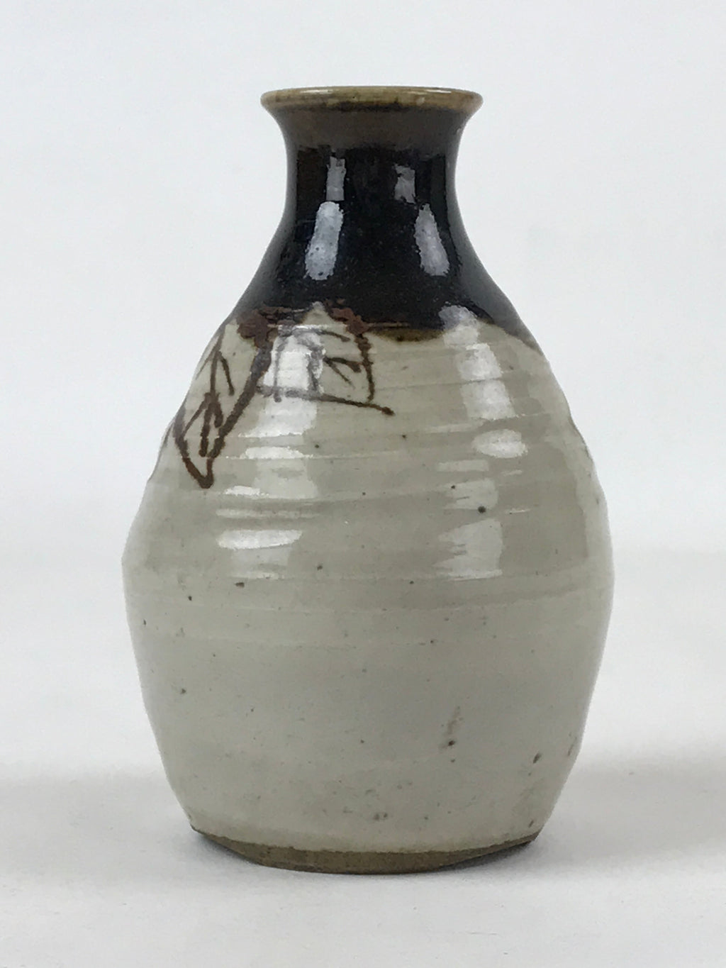 Japanese Small Sake Bottle Ceramic Tokkuri Vtg Gray Brown Leaves Design TS592