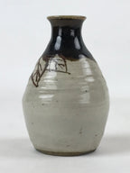 Japanese Small Sake Bottle Ceramic Tokkuri Vtg Gray Brown Leaves Design TS592