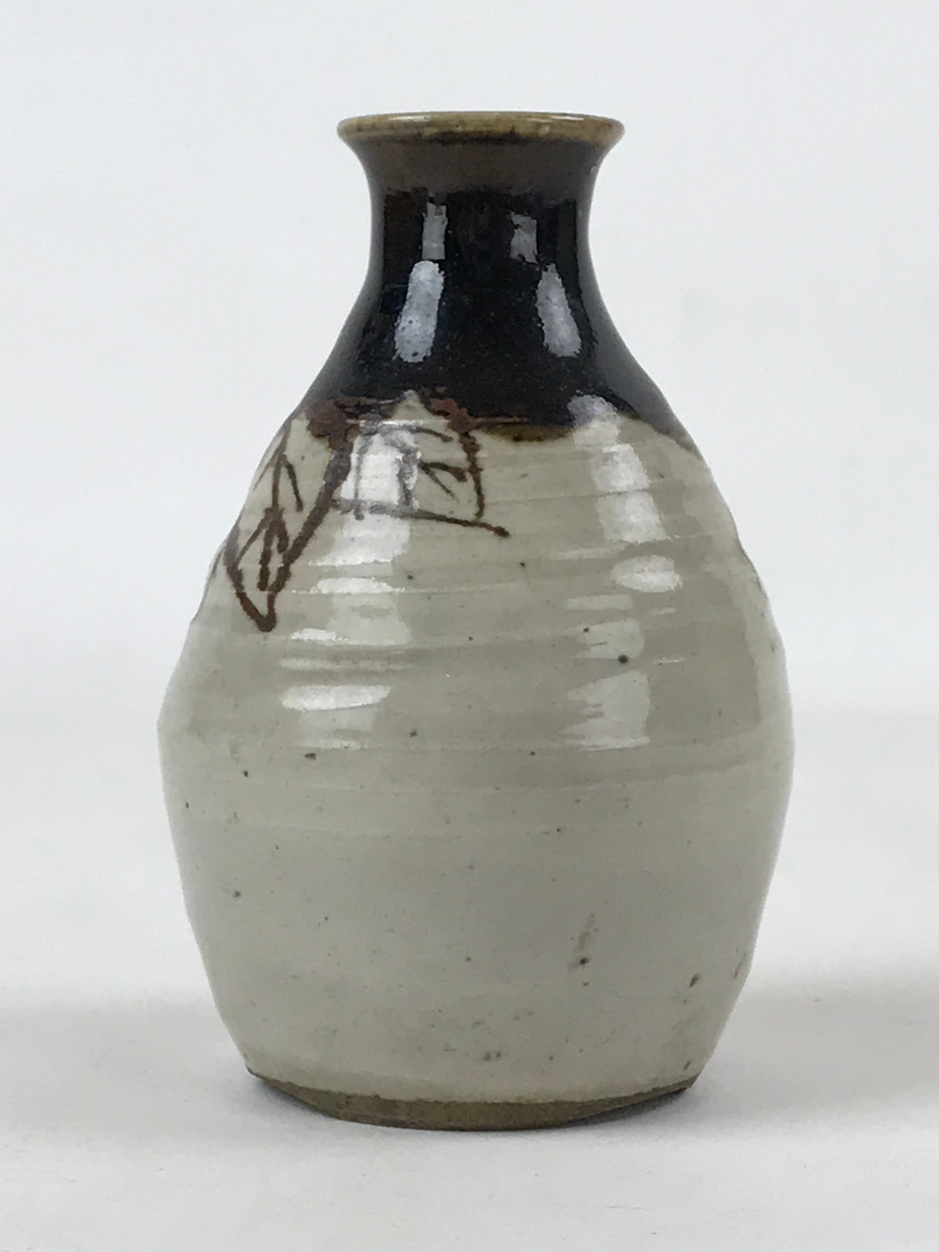 Japanese Small Sake Bottle Ceramic Tokkuri Vtg Gray Brown Leaves Design TS592
