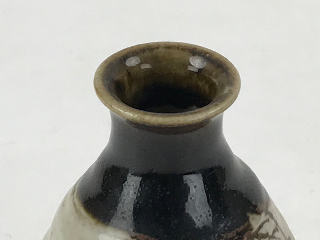 Japanese Small Sake Bottle Ceramic Tokkuri Vtg Gray Brown Leaves Design TS592