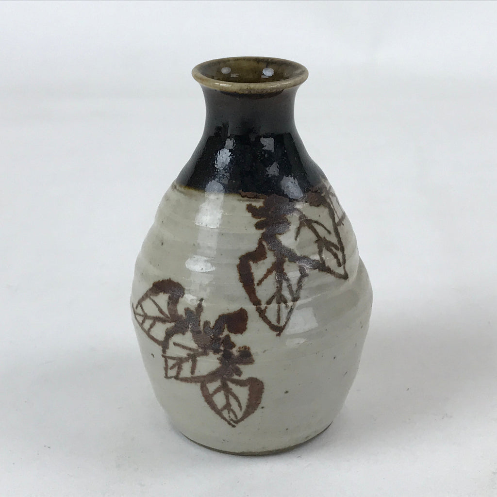 Japanese Small Sake Bottle Ceramic Tokkuri Vtg Gray Brown Leaves Design TS592