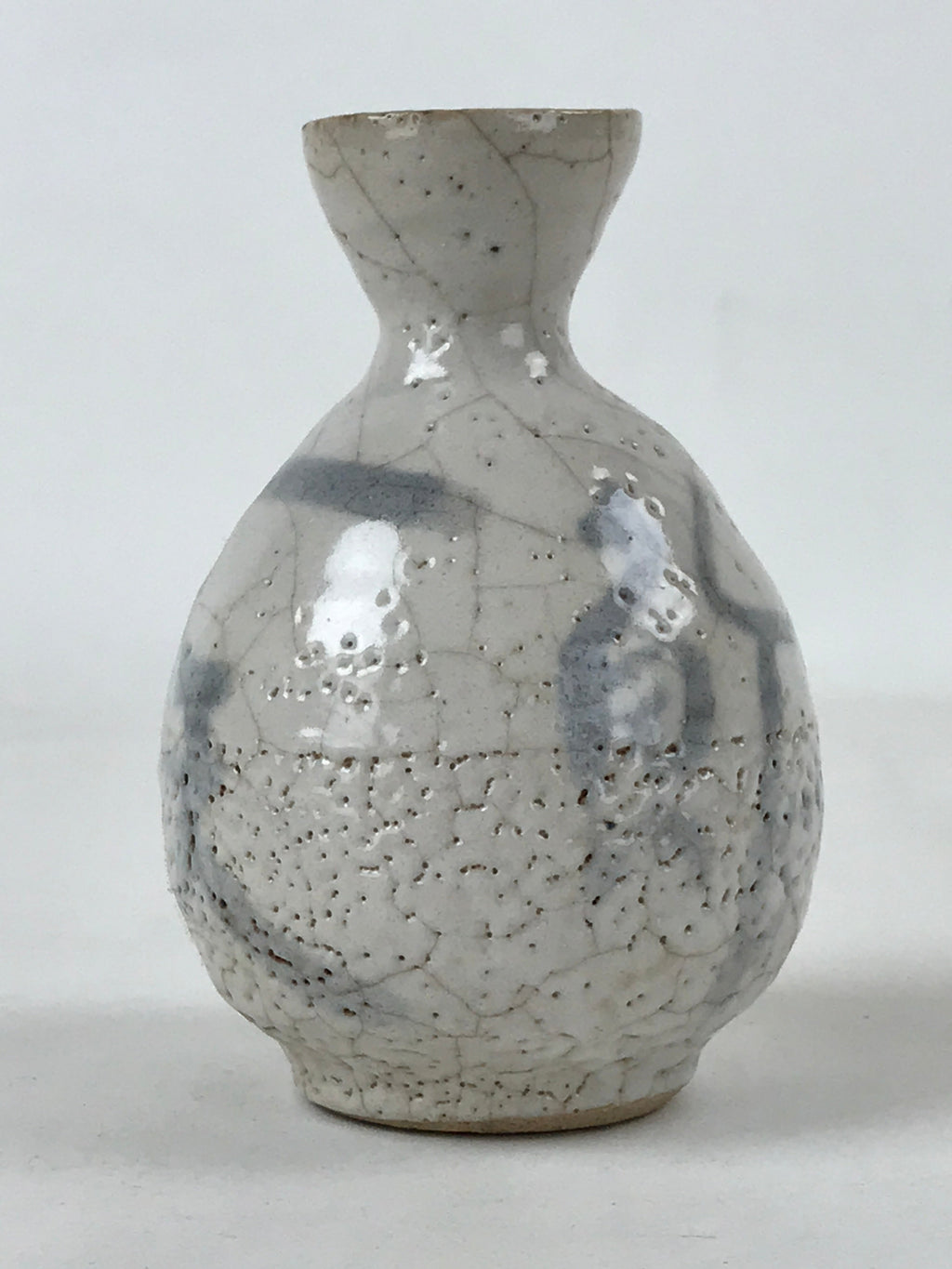 Japanese Small Sake Bottle Ceramic Tokkuri Vtg White Light Blue Ideograms TS593