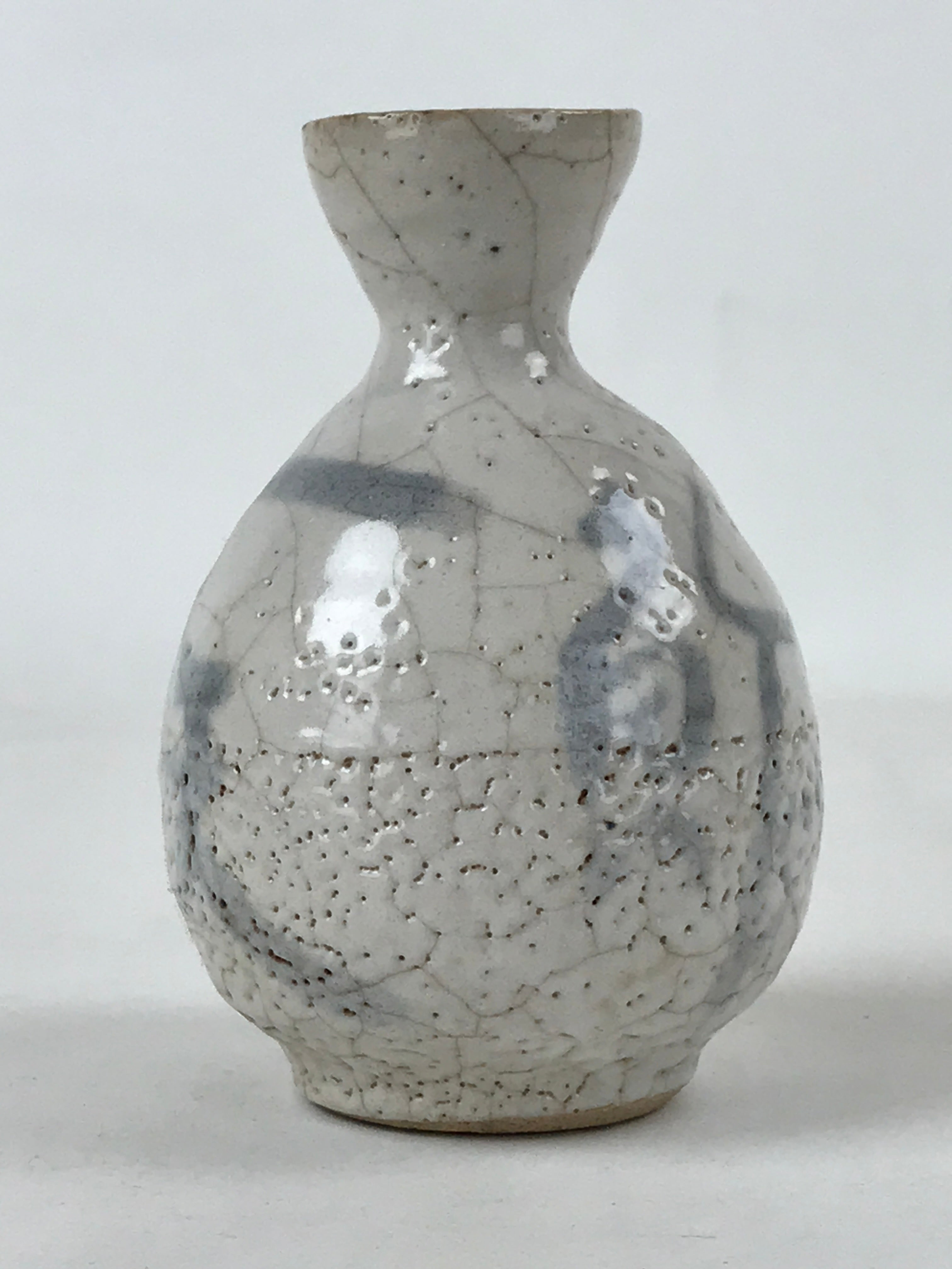 Japanese Small Sake Bottle Ceramic Tokkuri Vtg White Light Blue Ideograms TS593
