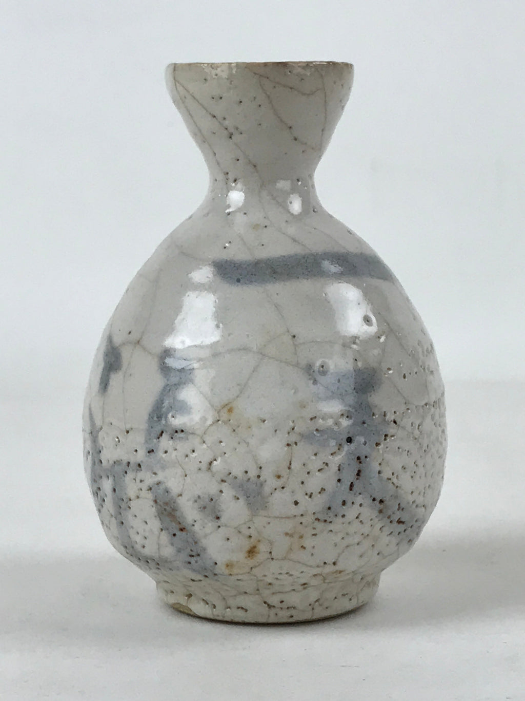 Japanese Small Sake Bottle Ceramic Tokkuri Vtg White Light Blue Ideograms TS593
