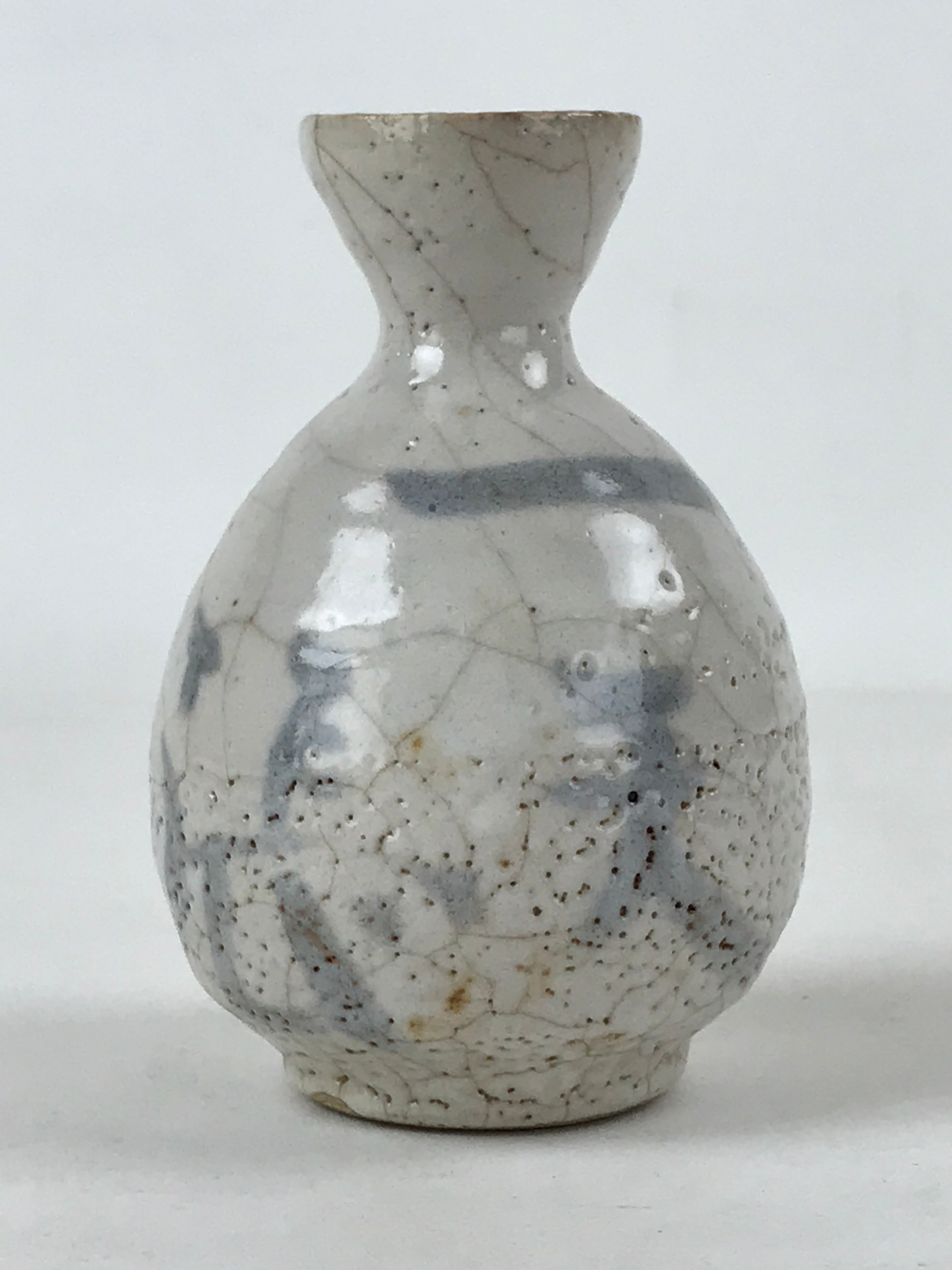 Japanese Small Sake Bottle Ceramic Tokkuri Vtg White Light Blue Ideograms TS593
