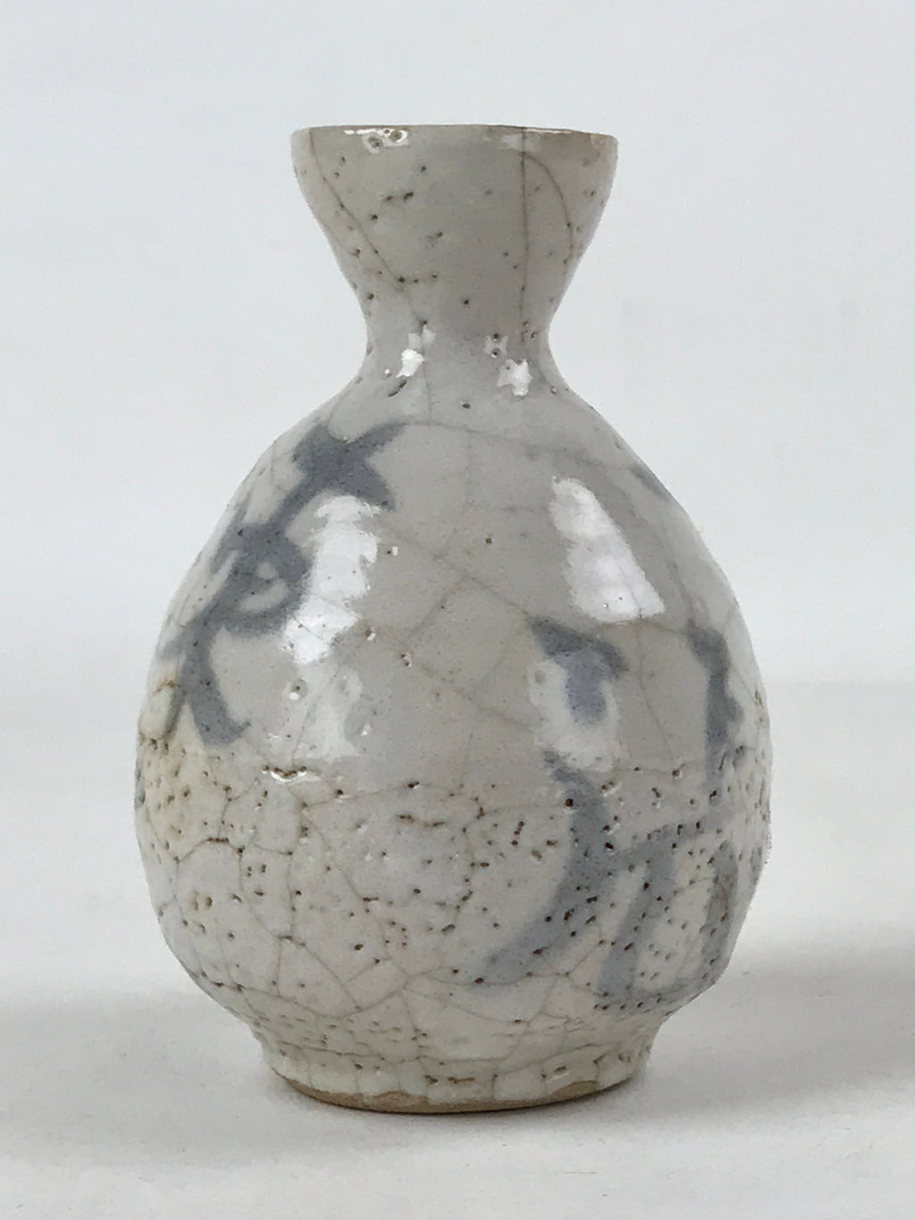 Japanese Small Sake Bottle Ceramic Tokkuri Vtg White Light Blue Ideograms TS593