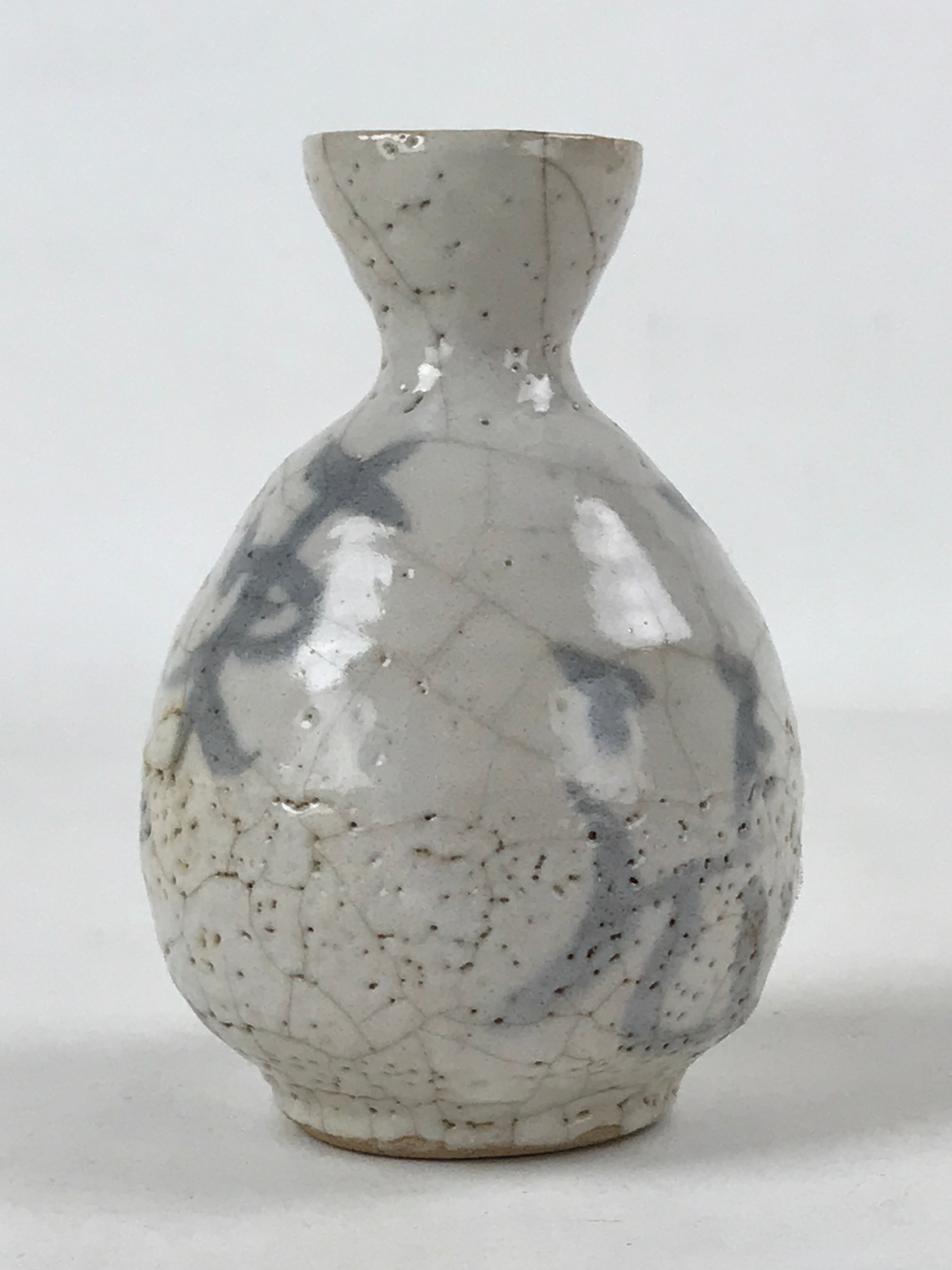 Japanese Small Sake Bottle Ceramic Tokkuri Vtg White Light Blue Ideograms TS593