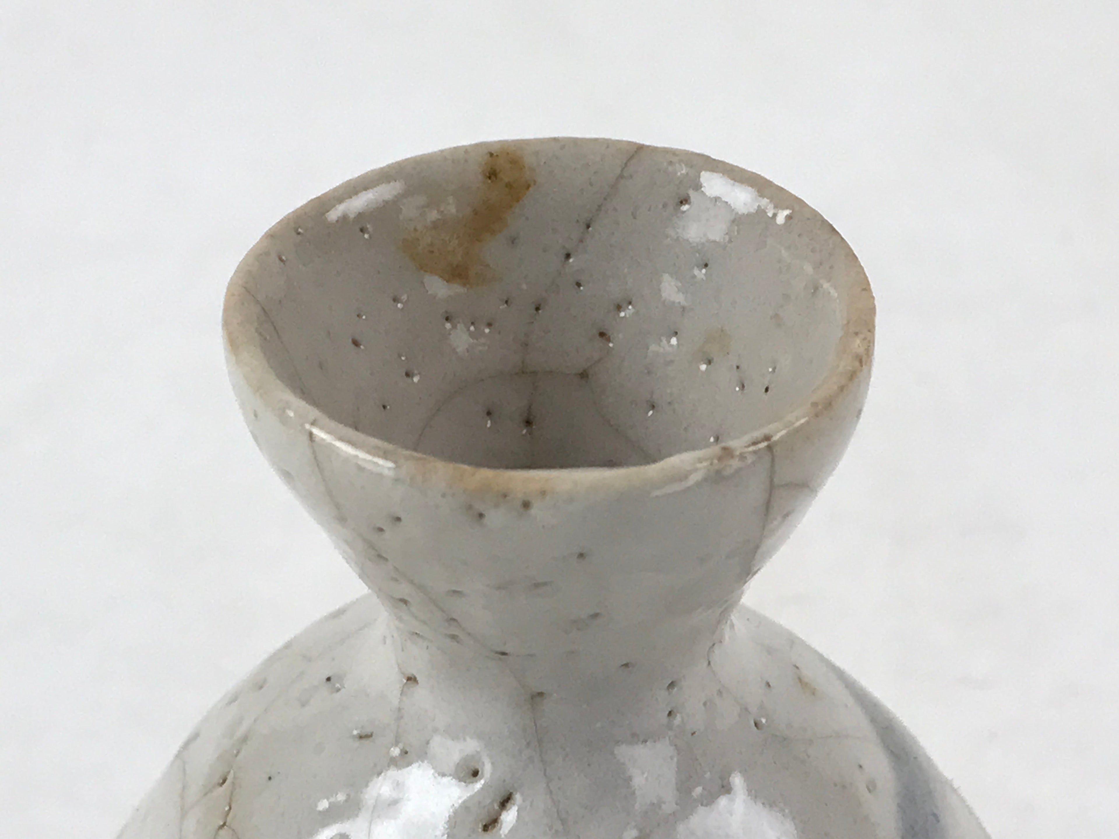 Japanese Small Sake Bottle Ceramic Tokkuri Vtg White Light Blue Ideograms TS593