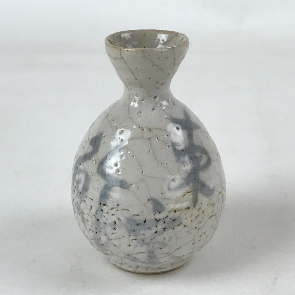 Japanese Small Sake Bottle Ceramic Tokkuri Vtg White Light Blue Ideograms TS593