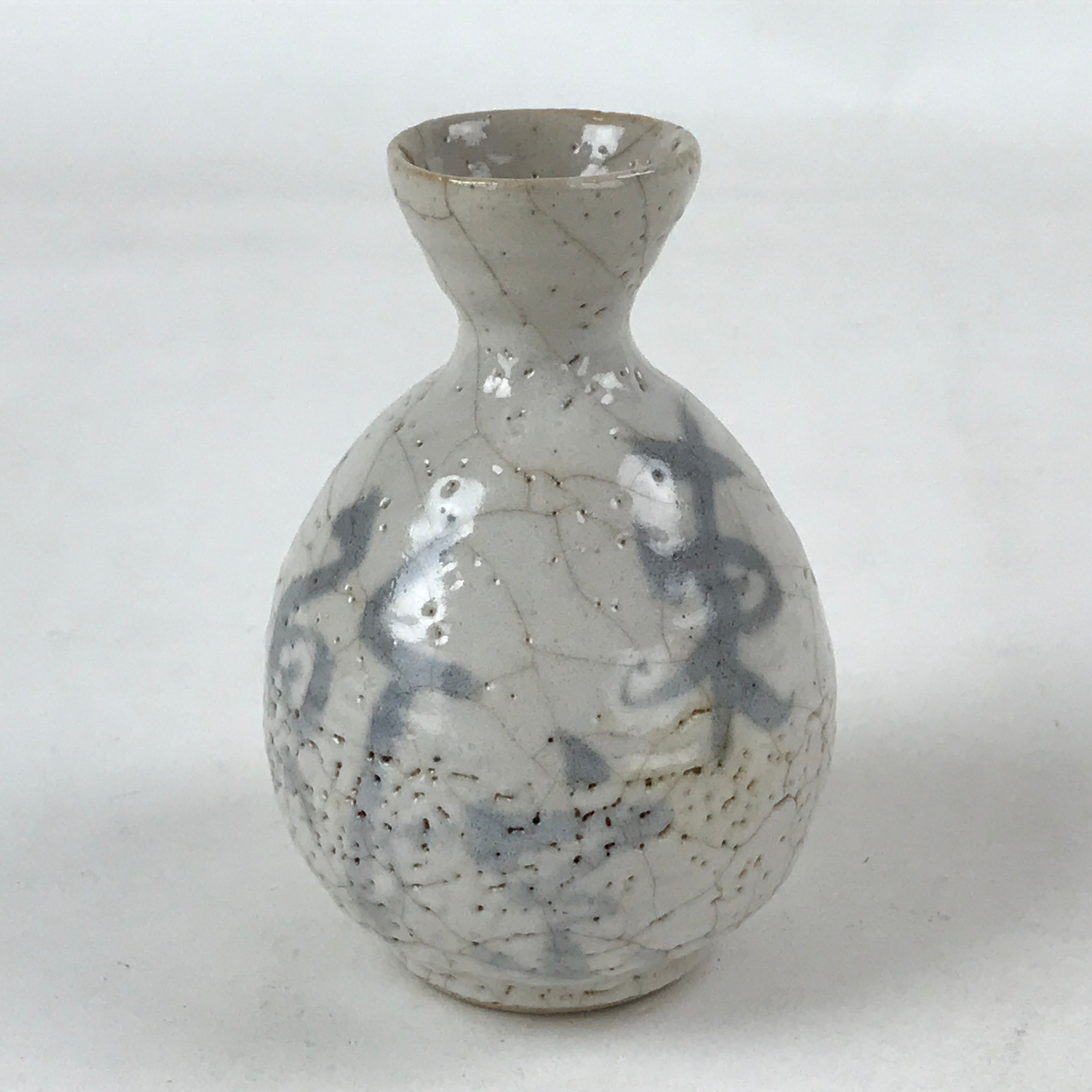Japanese Small Sake Bottle Ceramic Tokkuri Vtg White Light Blue Ideograms TS593