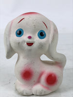 Japanese Smiling Dog Clay Figurine Vtg Ceramic Playful Inu White Red Blue ST65
