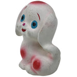 Japanese Smiling Dog Clay Figurine Vtg Ceramic Playful Inu White Red Blue ST65