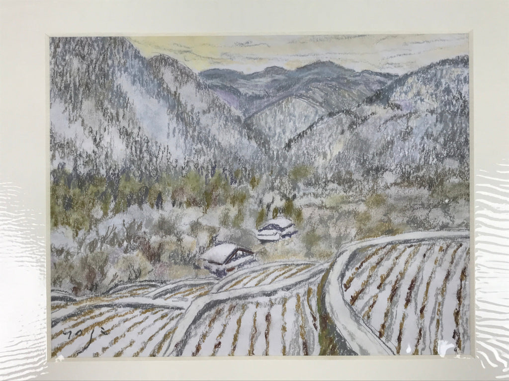 Japanese Snowy Mountain Scene Pastel Drawing Art Signed Yoshihiro Hagino FL320