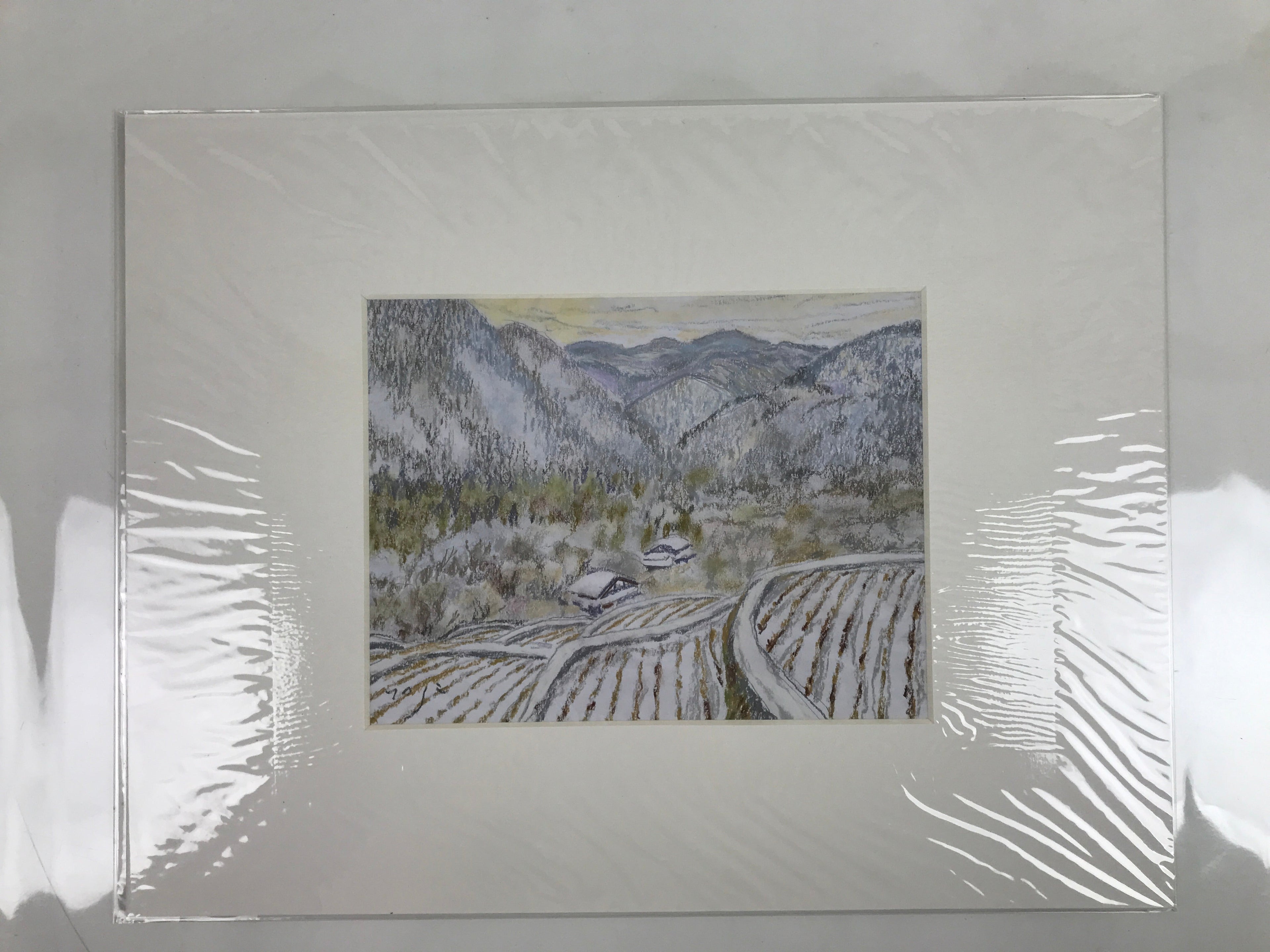 Japanese Snowy Mountain Scene Pastel Drawing Art Signed Yoshihiro Hagino FL320