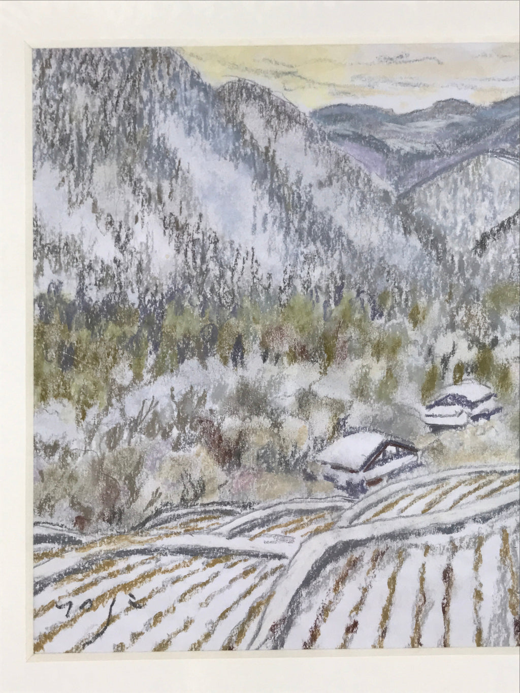 Japanese Snowy Mountain Scene Pastel Drawing Art Signed Yoshihiro Hagino FL320