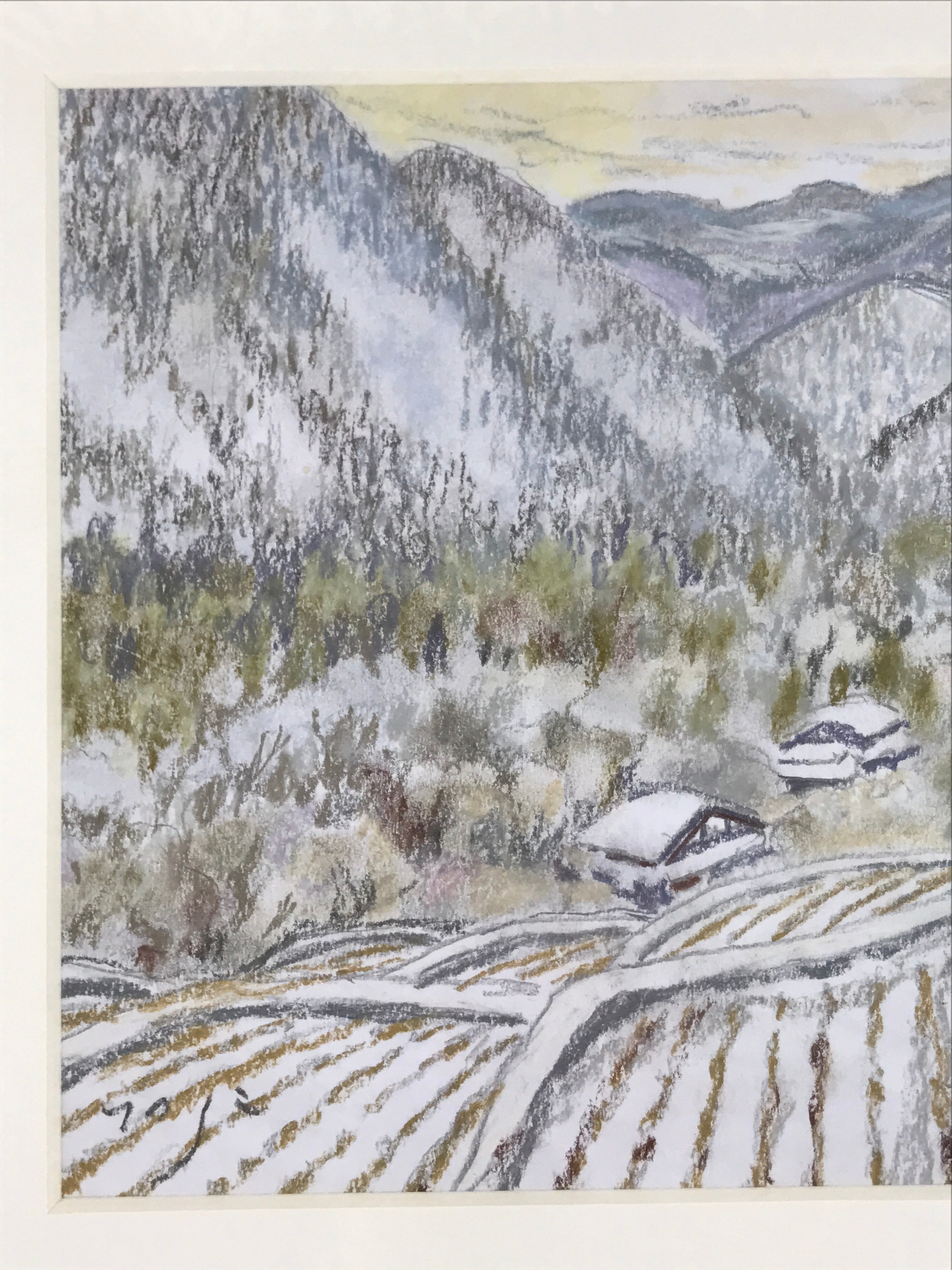 Japanese Snowy Mountain Scene Pastel Drawing Art Signed Yoshihiro Hagino FL320