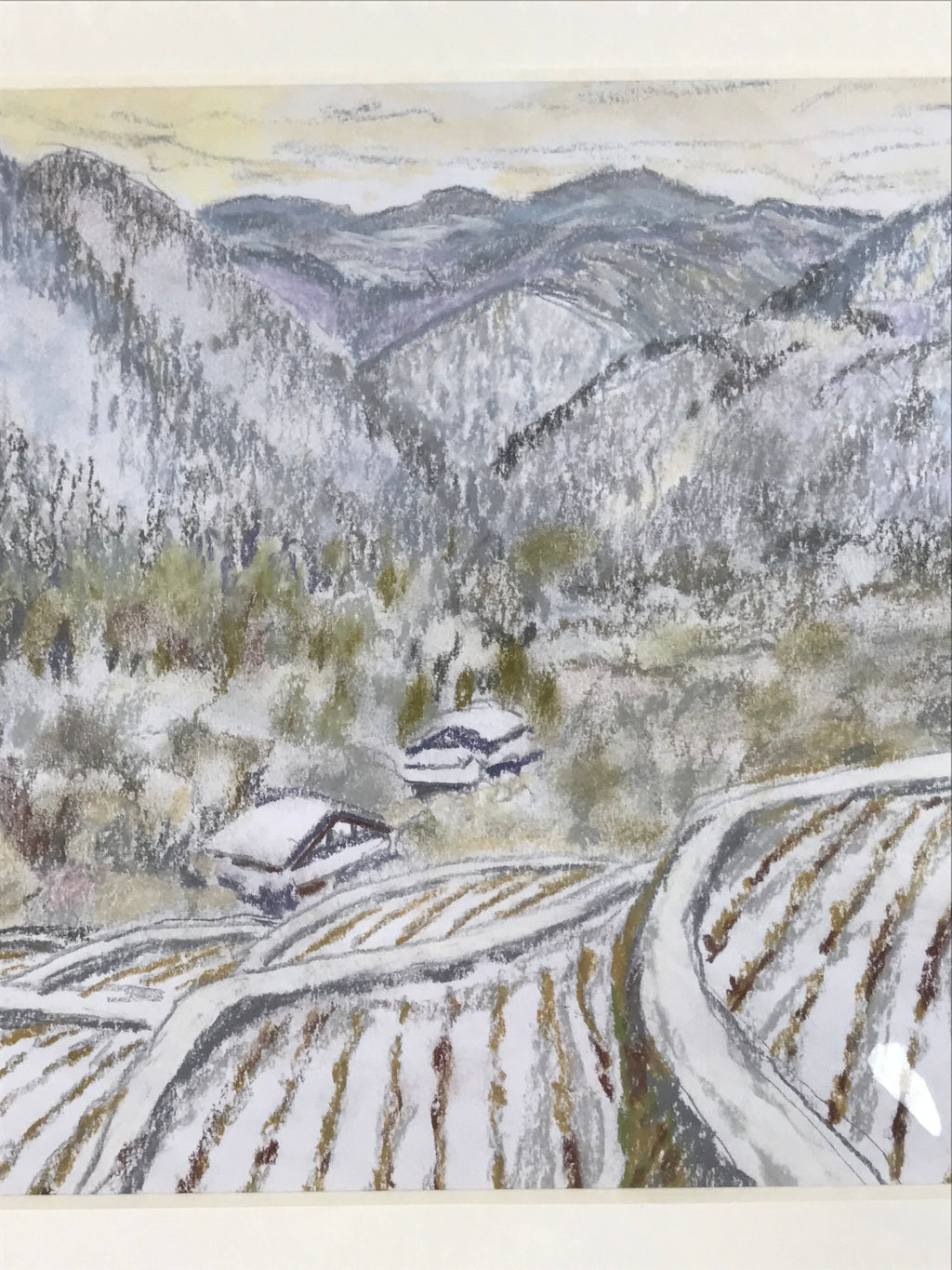 Japanese Snowy Mountain Scene Pastel Drawing Art Signed Yoshihiro Hagino FL320