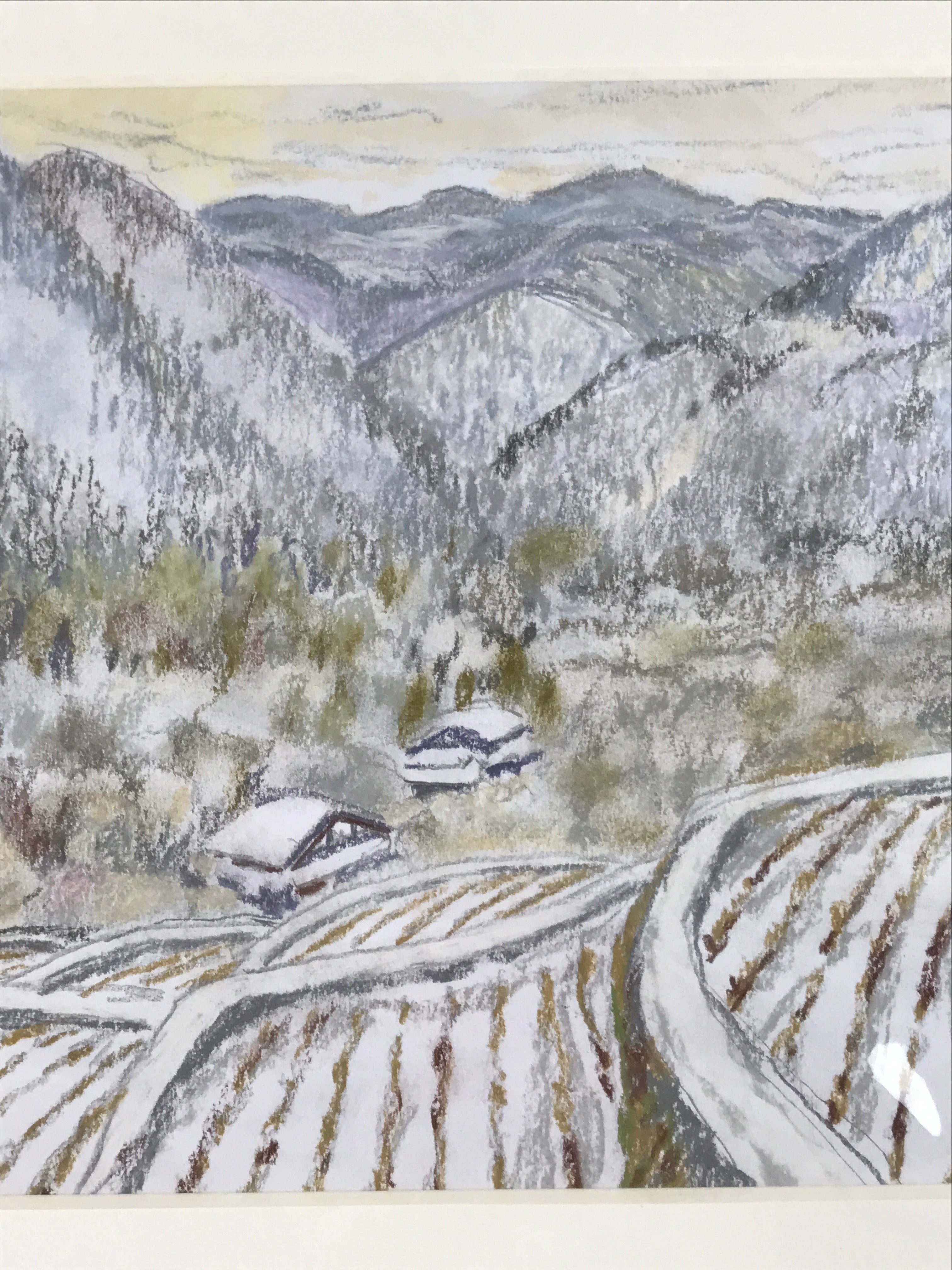 Japanese Snowy Mountain Scene Pastel Drawing Art Signed Yoshihiro Hagino FL320