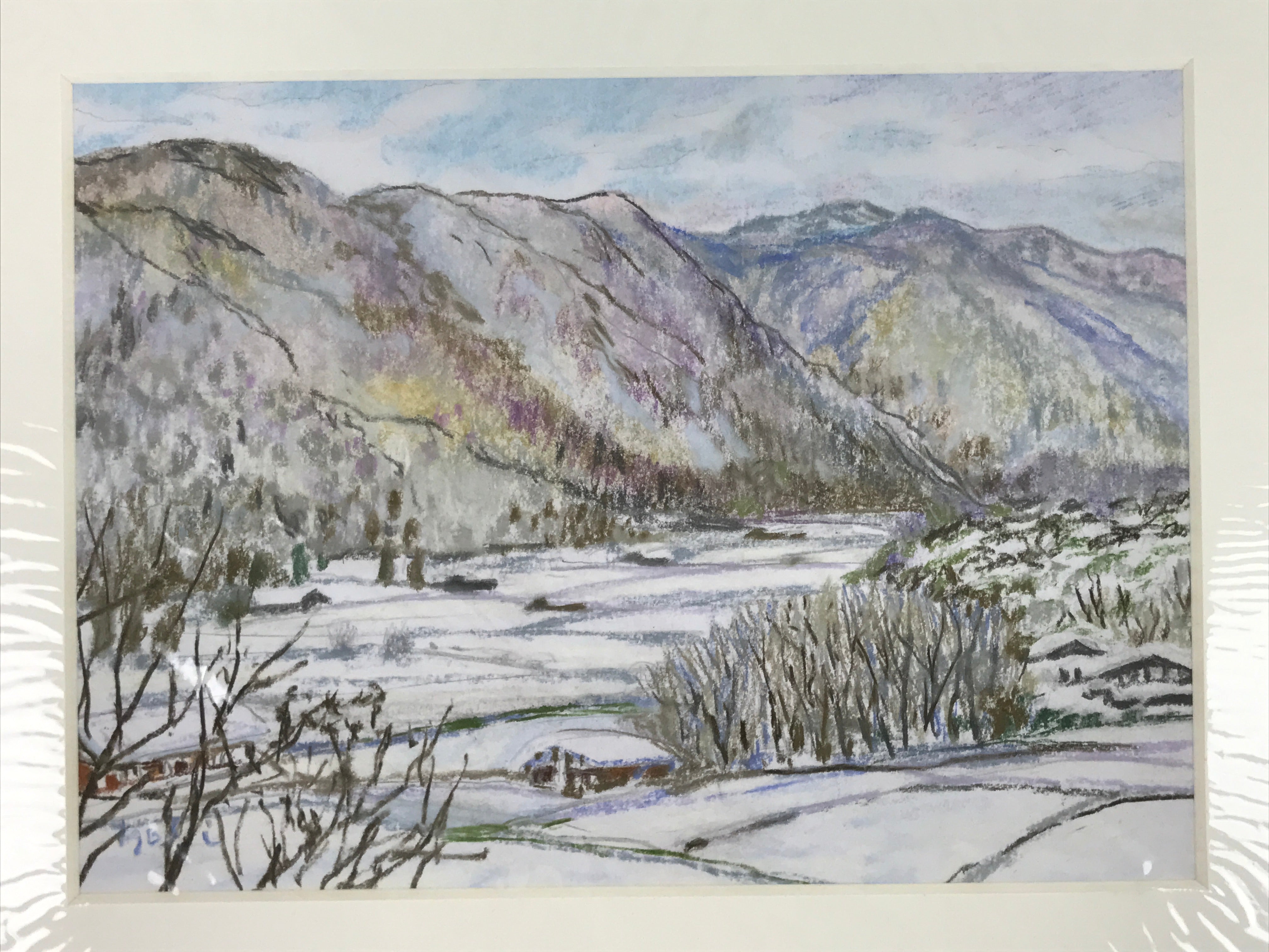 Japanese Snowy Mountains Pastel Drawing Original Signed Yoshihiro Hagino FL299