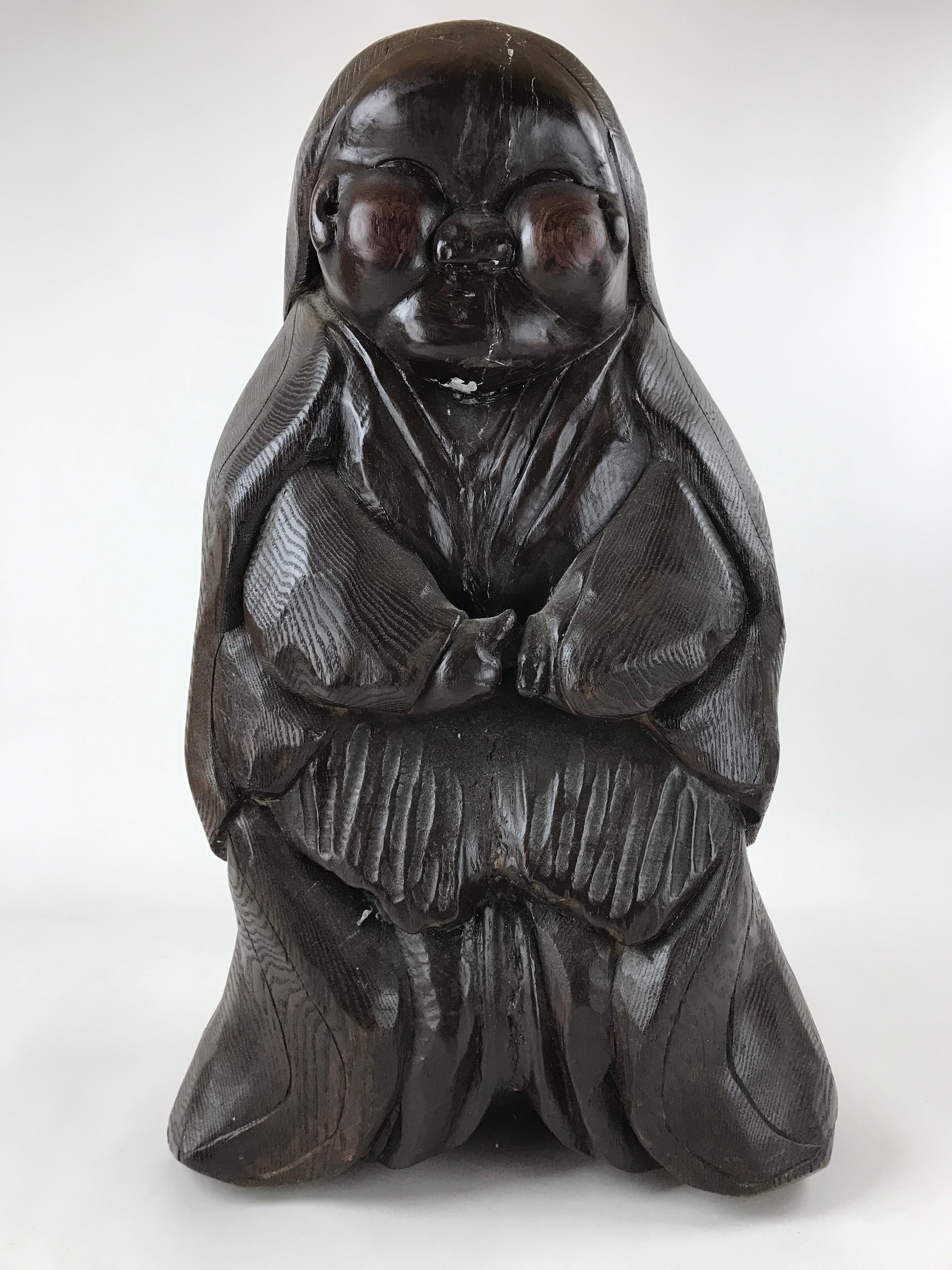 Japanese Solid Wood Statue Billiken Vtg Osaka Symbol Good Luck God Brown BD945