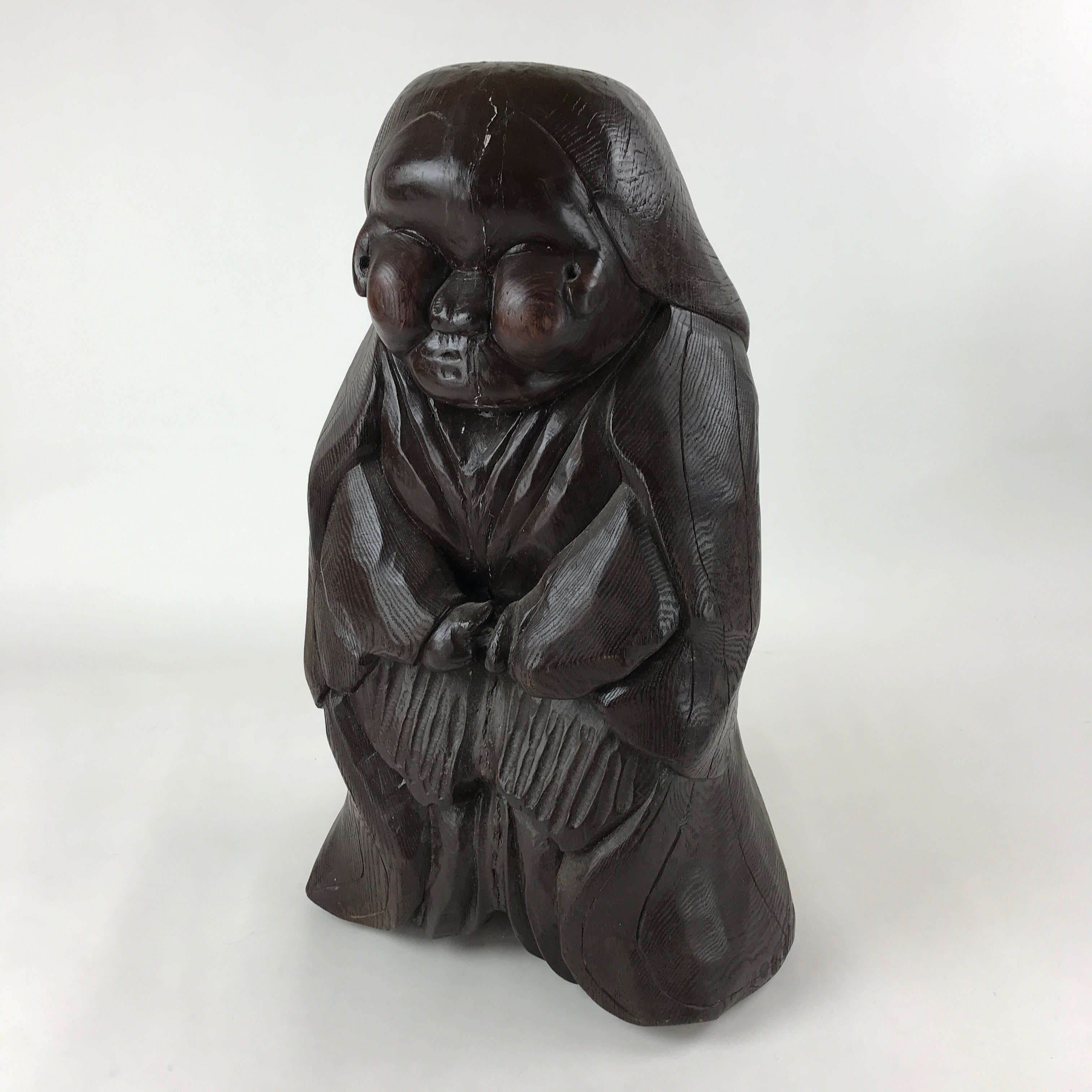 Japanese Solid Wood Statue Billiken Vtg Osaka Symbol Good Luck God Brown BD945