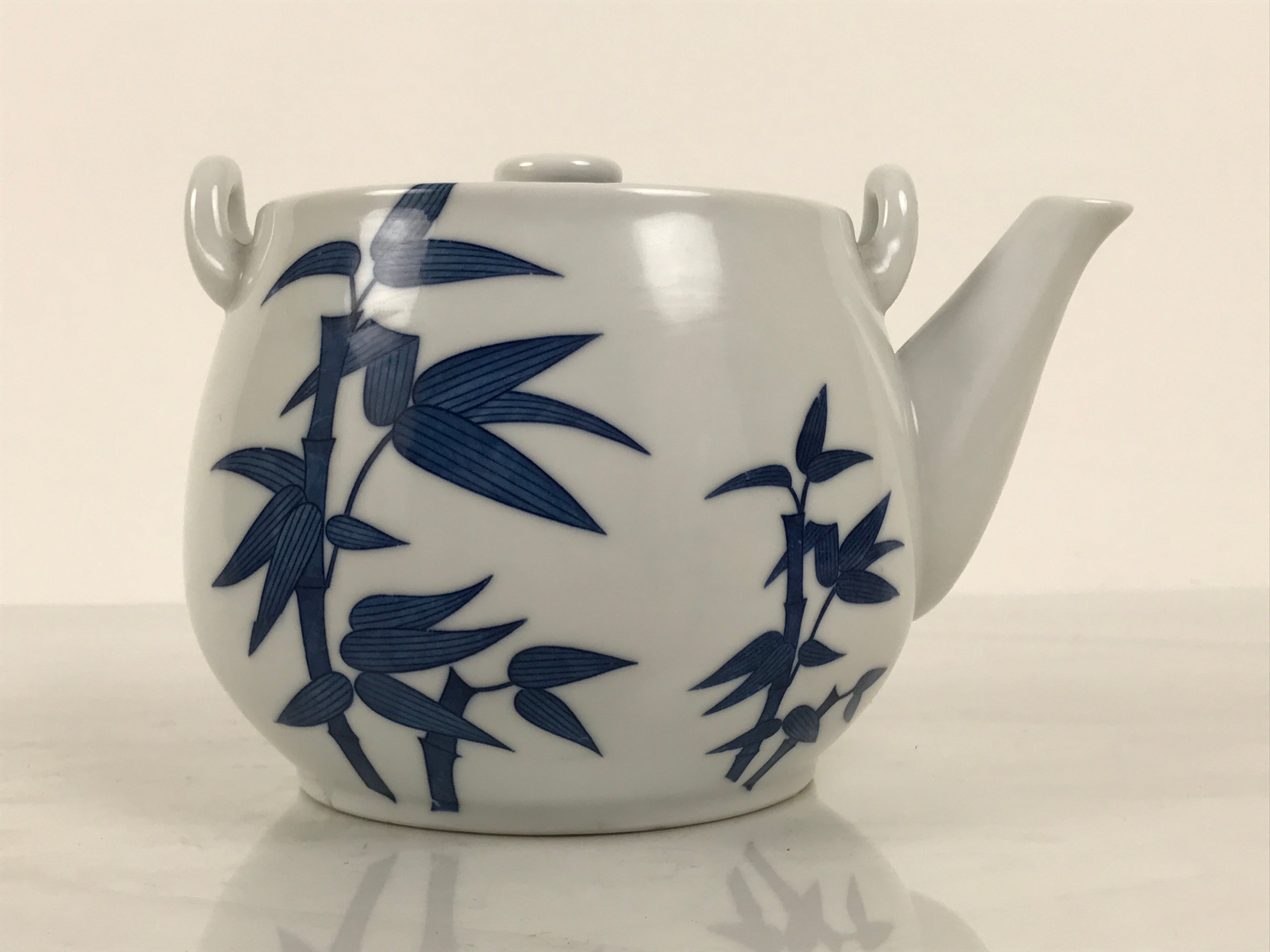 Japanese Sometsuke Porcelain Lidded Teapot Vtg Kyusu Blue White Bamboo Y575